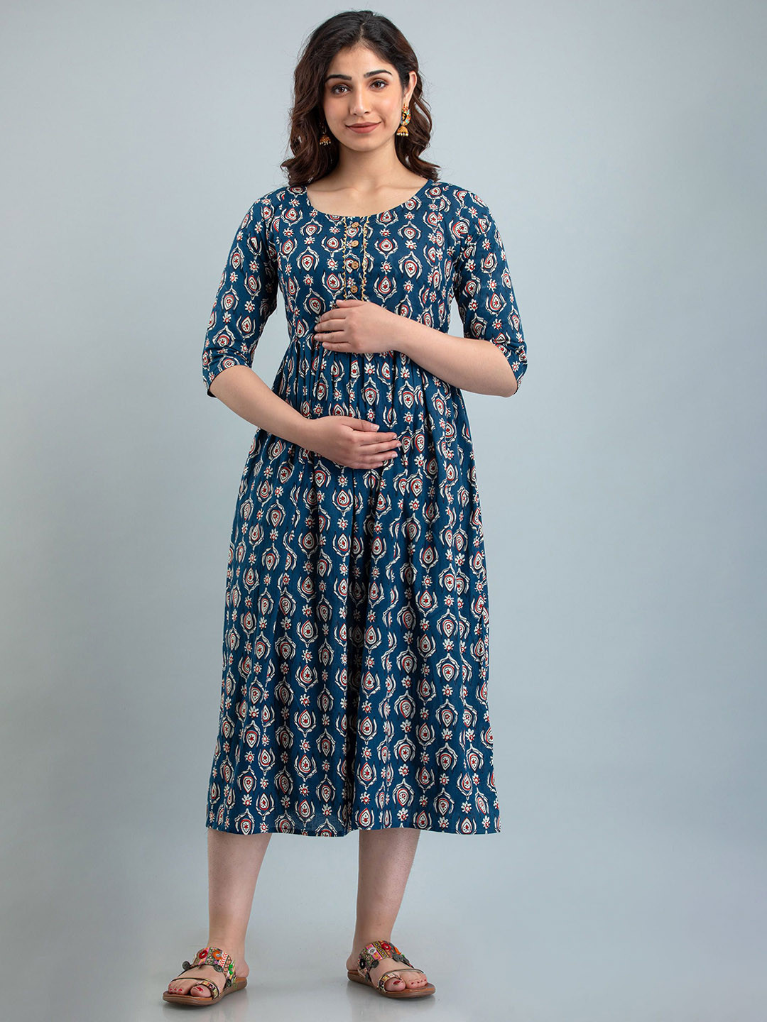 

VARICOS Floral Printed Pure Cotton Fit & Flare Midi Maternity Ethnic Dress, Blue