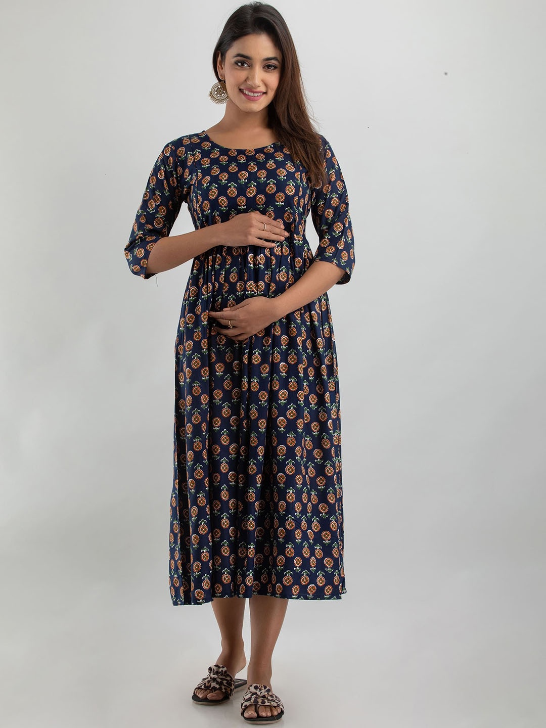 

VARICOS Floral Printed Gathered Maternity Fit & Flare Midi Ethnic Dress, Navy blue