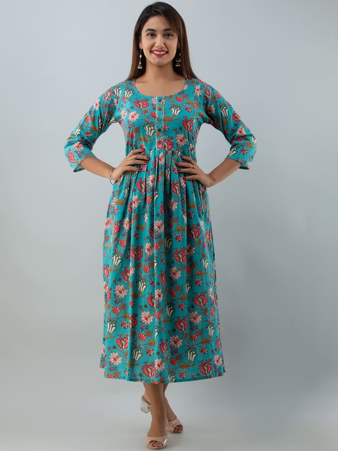 

VARICOS Floral Printed Gathered Maternity Cotton Fit & Flare Midi Ethnic Dress, Turquoise blue