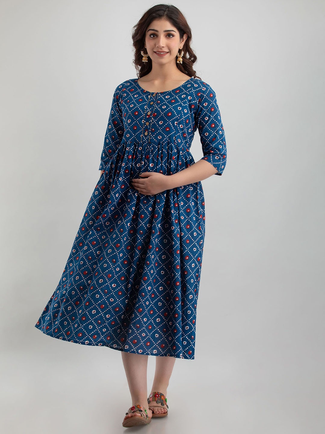 

VARICOS Ethnic Motifs Printed Maternity Cotton Anarkali Kurta, Blue