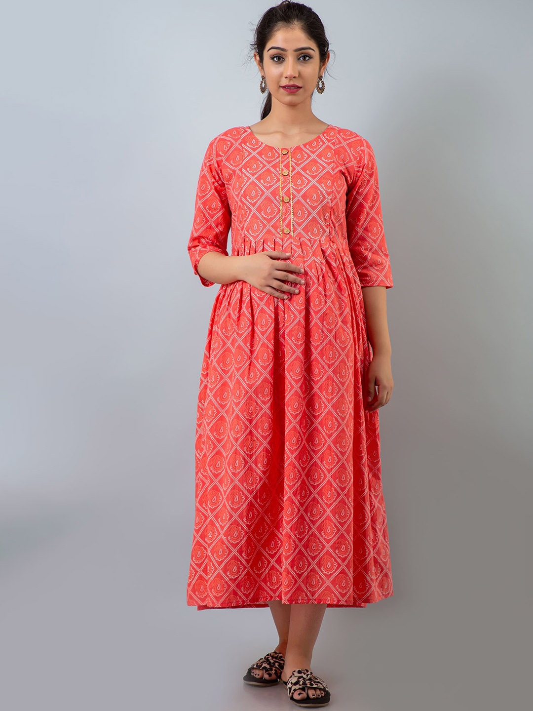 

VARICOS Ethnic Motifs Printed Cotton Fit and Flare Mini Maternity Dress, Orange