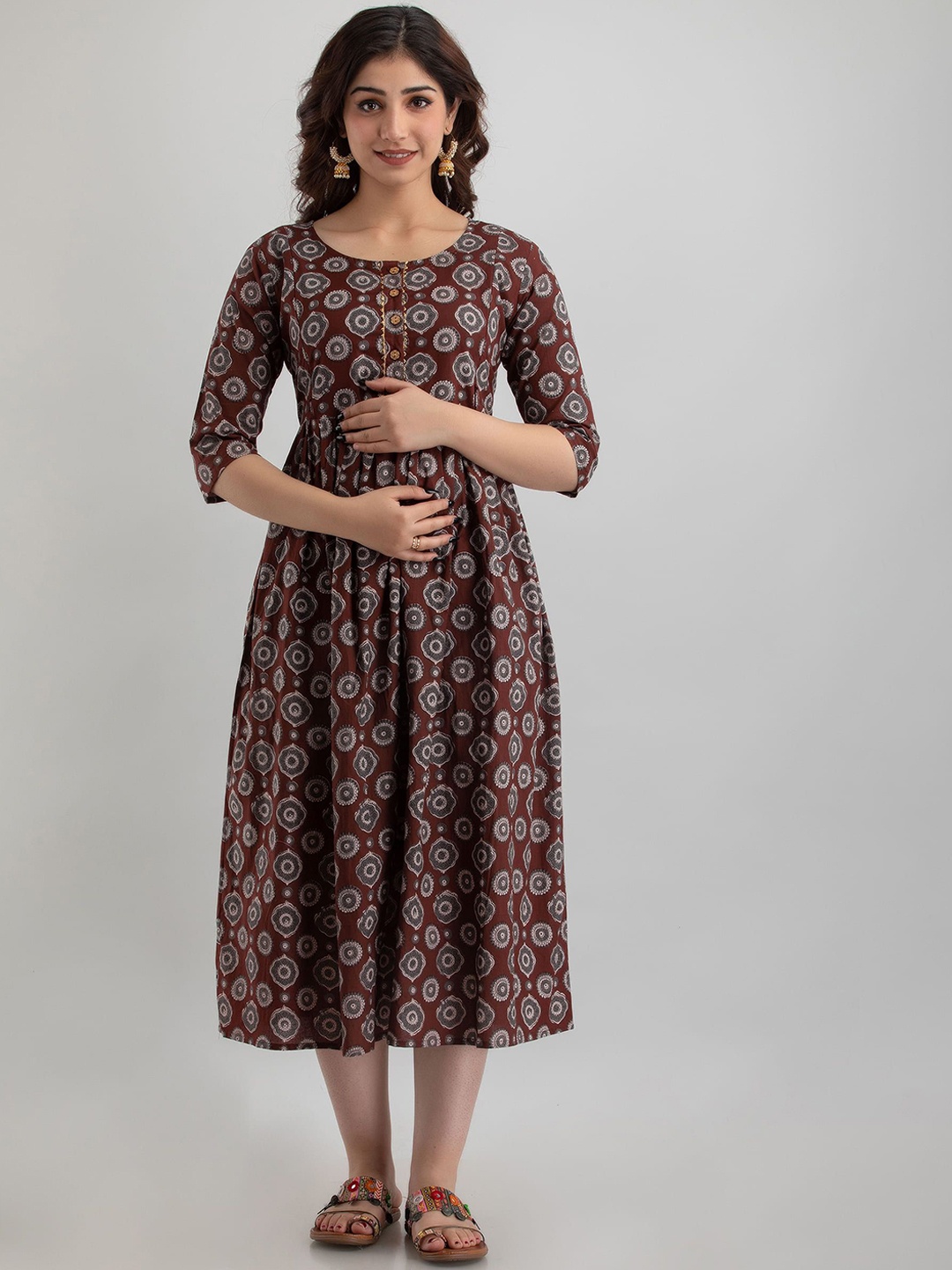 

VARICOS Floral Printed Maternity Anarkali Kurta, Brown