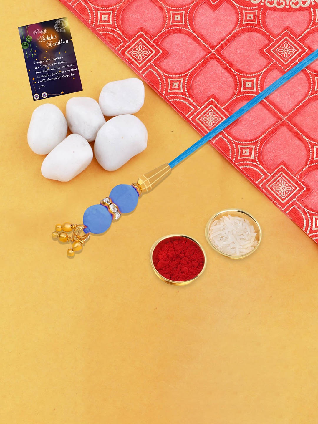 

Silver Shine Designer Rakhi With Roli Chawal & Greeting Card, Blue