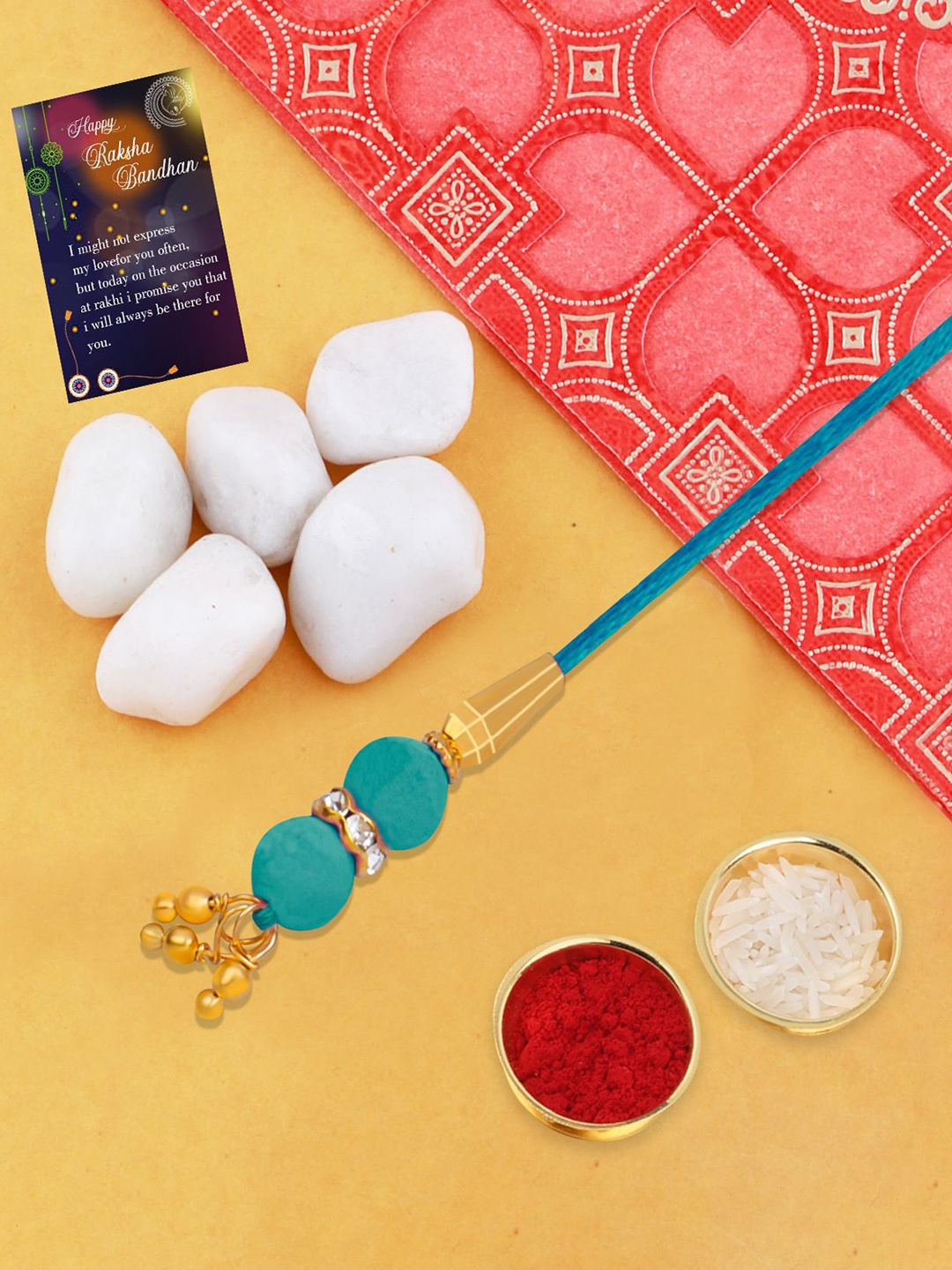 

Silver Shine Beaded Bhabhi Thread Rakhi With Roli Chawal & Greeting Card, Blue