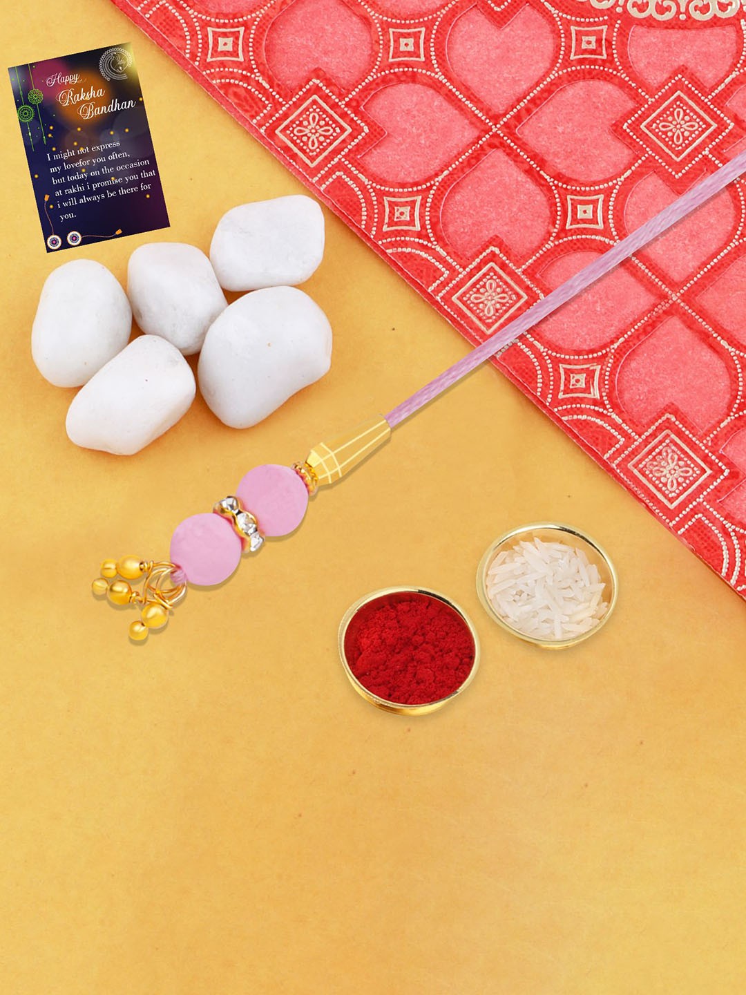 

Silver Shine Rakhi With Roli Chawal And Greeting Card, Pink
