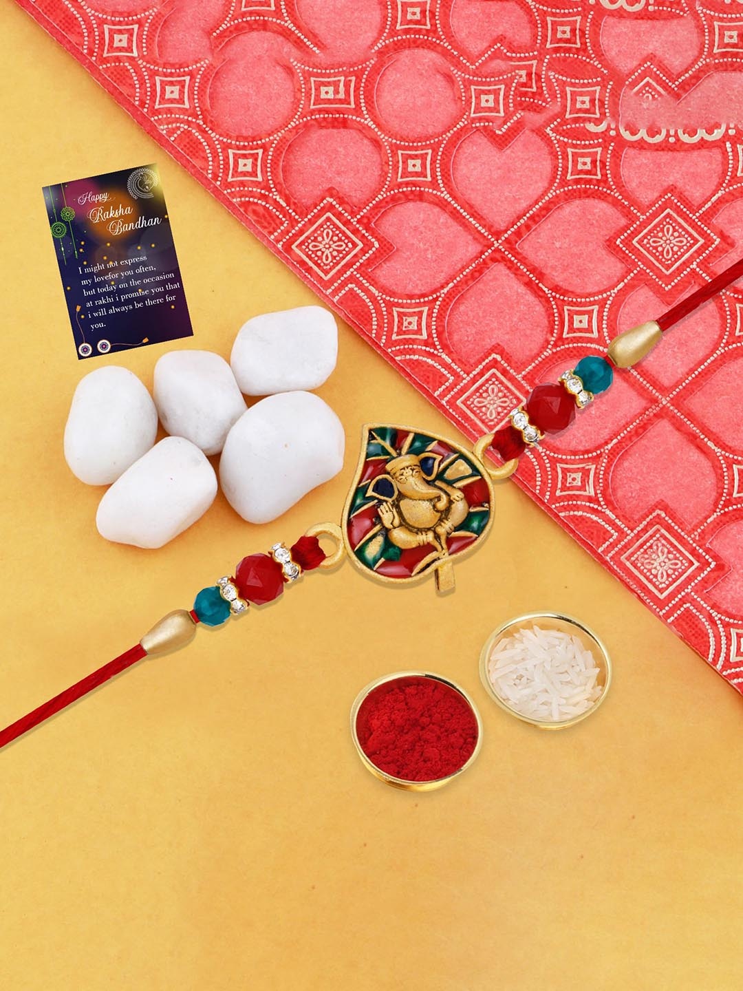 

Silver Shine Lord Ganesha Bhaiya Thread Rakhi With Roli Chawal & Greeting Card, Red