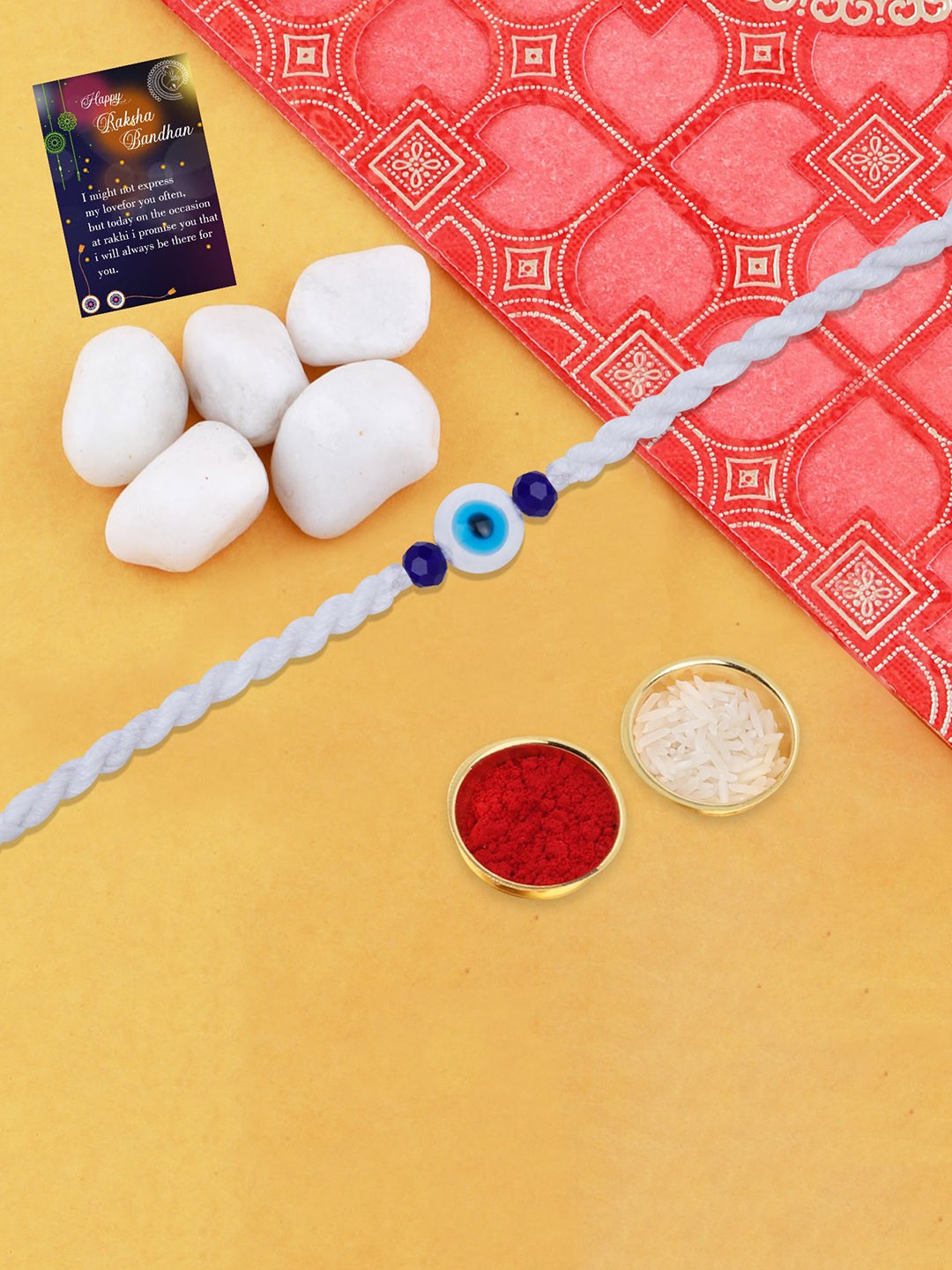 

Silver Shine Evil Eye Beaded Rakhi With Roli Chawal & Greeting Card, Blue