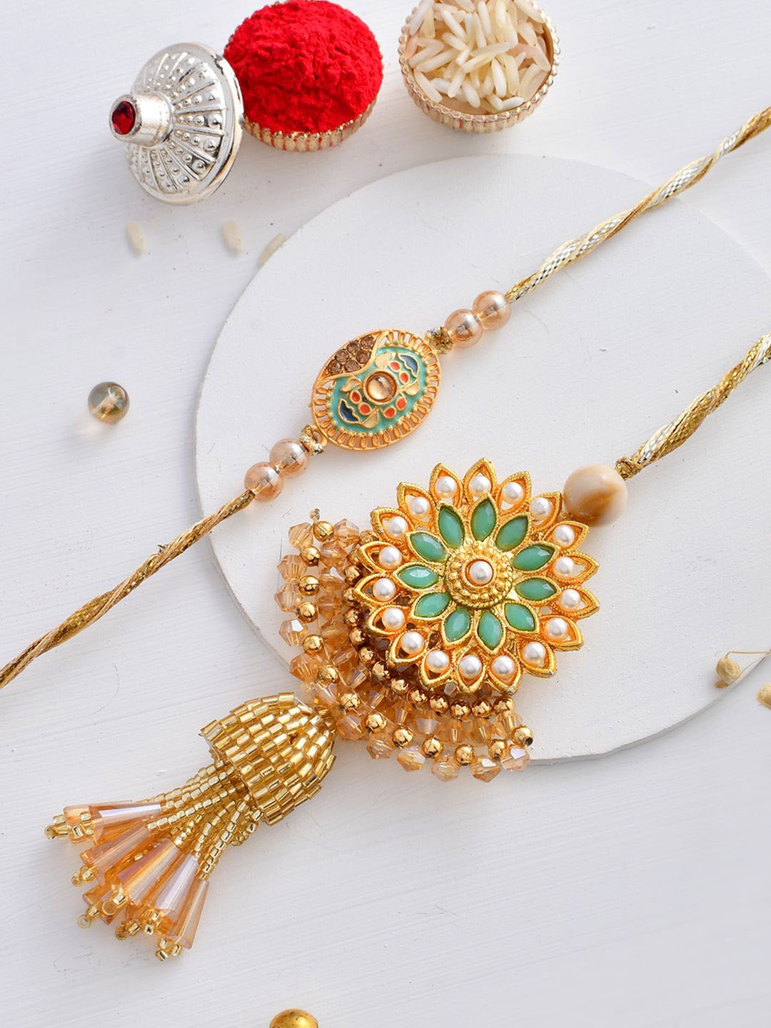 

Aapno Rajasthan Beaded Bhaiya Bhabhi Rakhi Set with Box, Gold