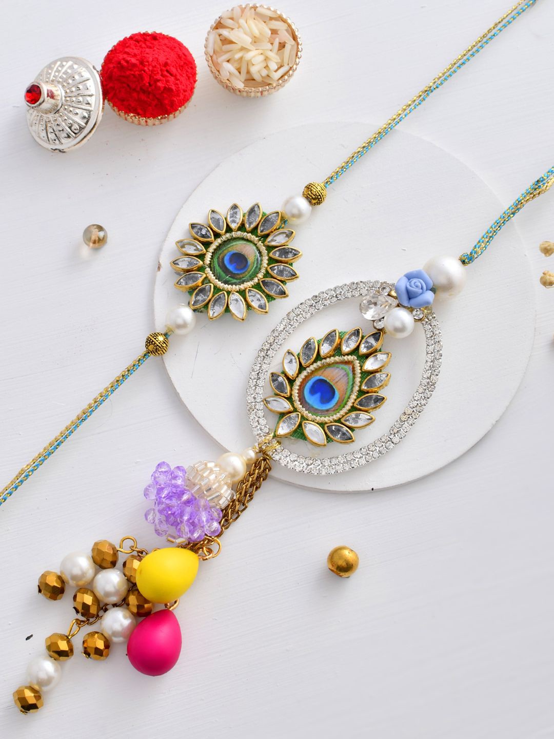 

Aapno Rajasthan Bhaiya Bhabhi Rakhi With Beautiful Box & Roli Chawal, Blue