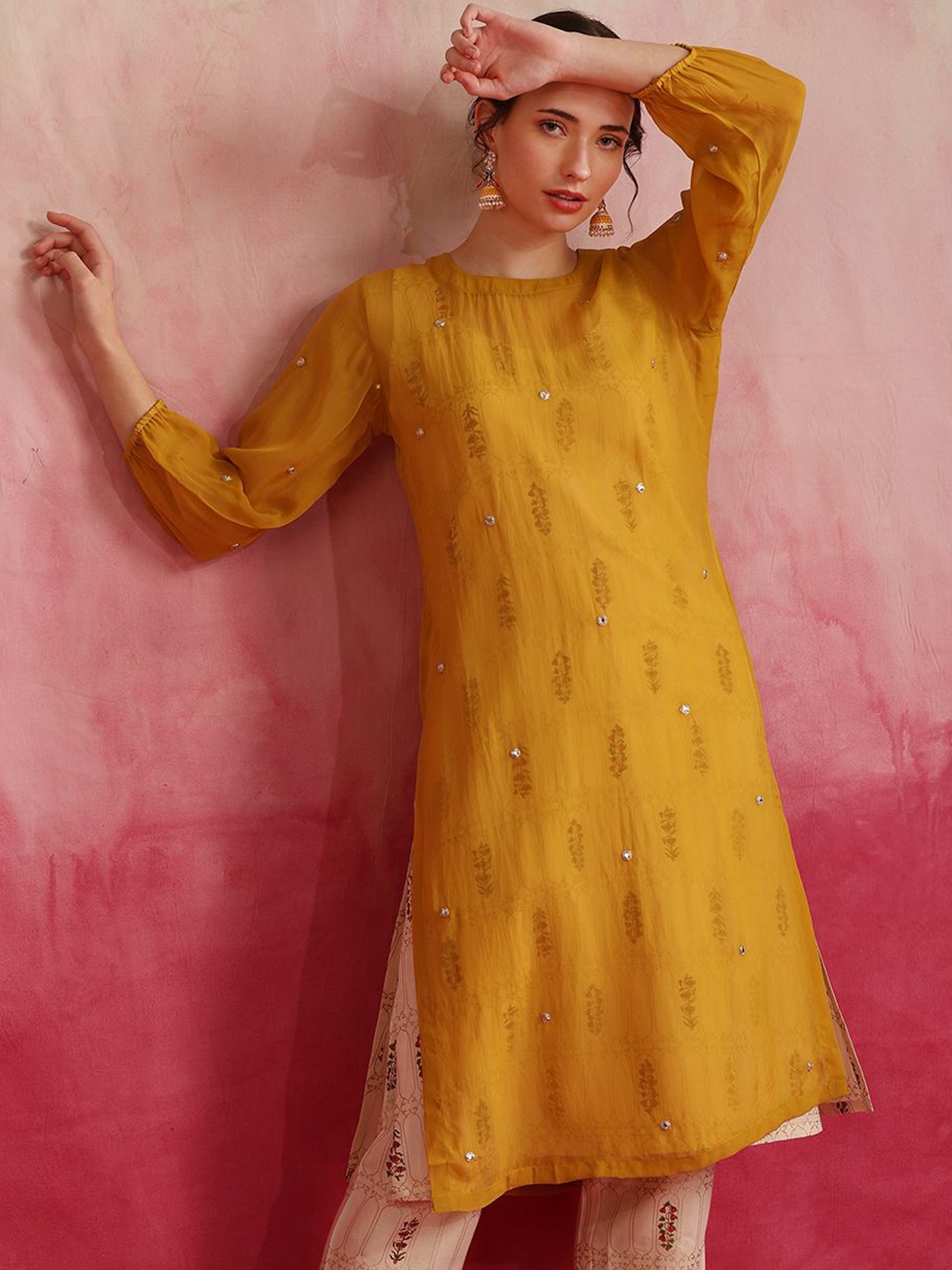

Khushal K Floral Printed Mirror Work Straight Kurta And Trousers With Inner Slip, Mustard