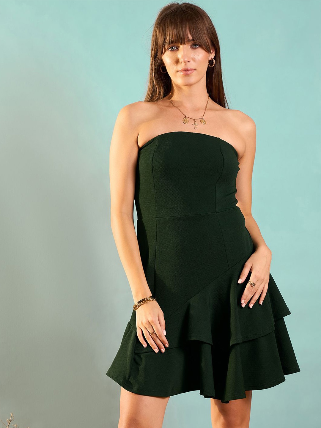 

RARE Women Solid Off Shoulder Flared Above Knee Fit & Flare Dress, Green