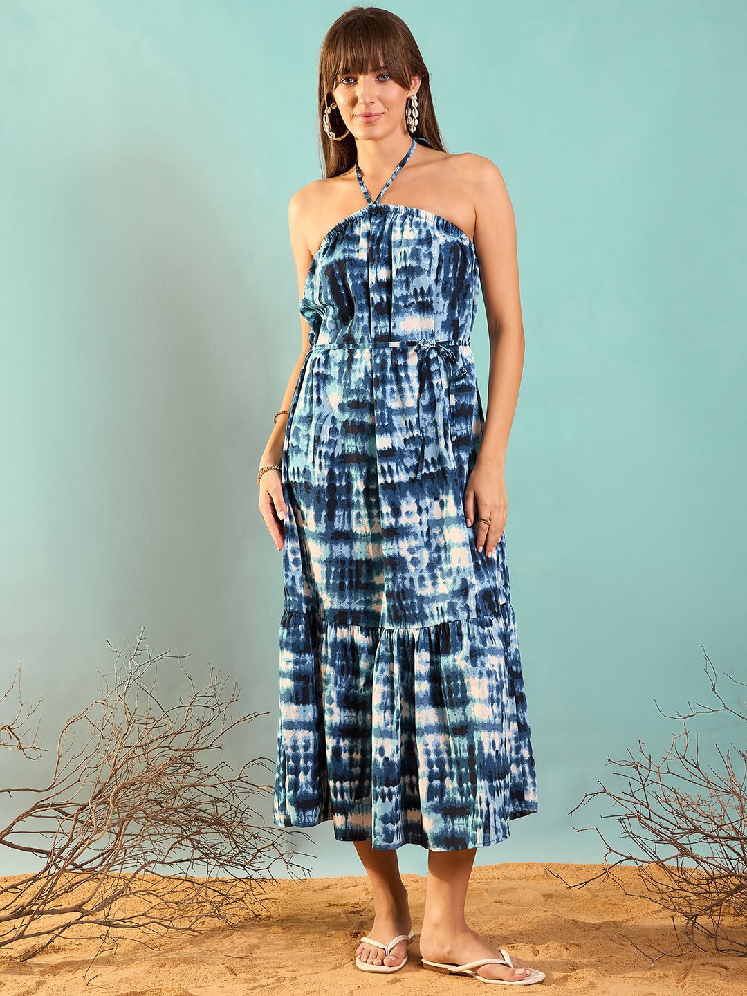 

RARE Tie and Dye Print Halter Neck Fit & Flare Midi Holi Dress, Blue