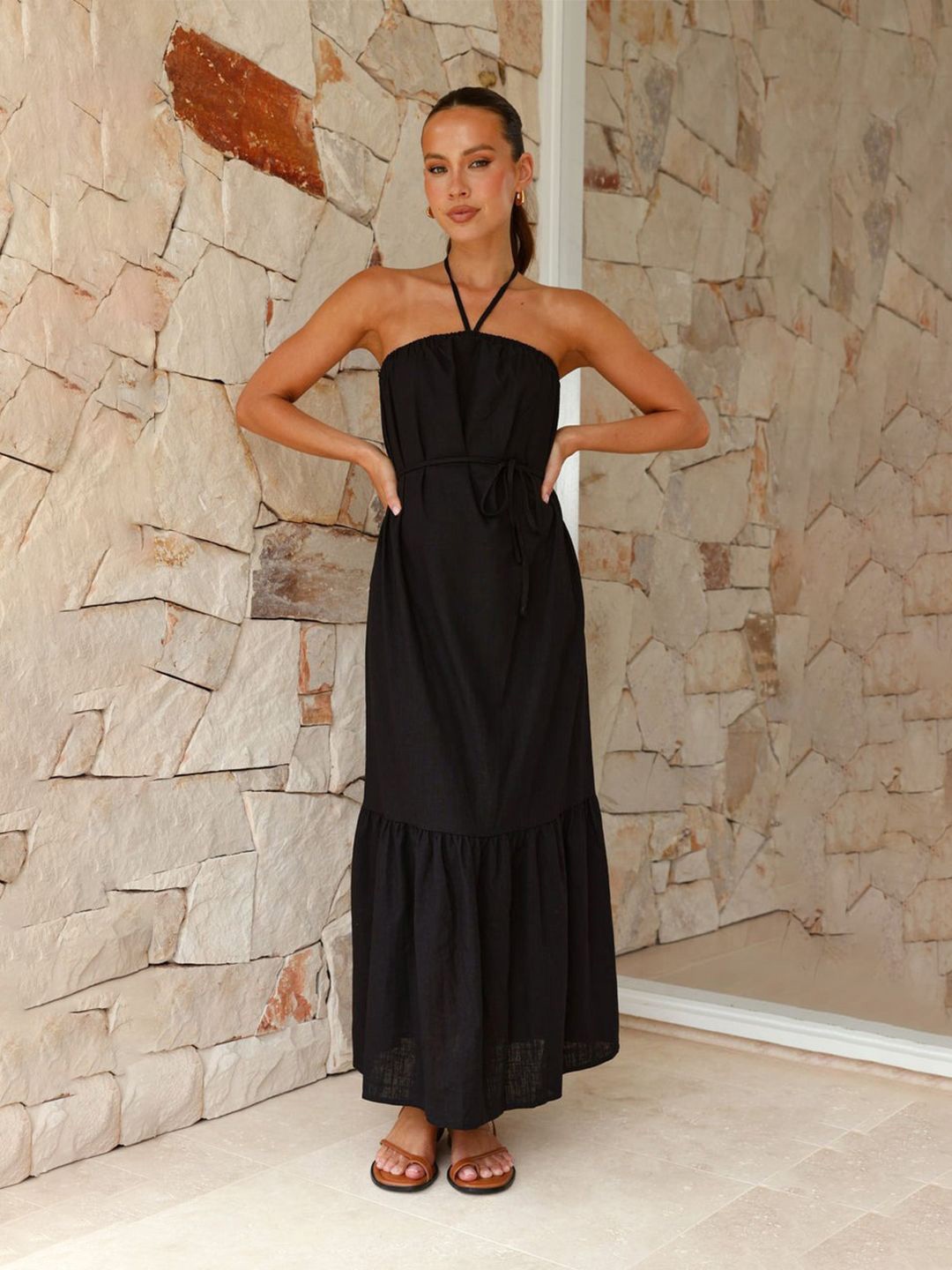 

RARE Women Halter Neck A-Line Maxi Dress, Black