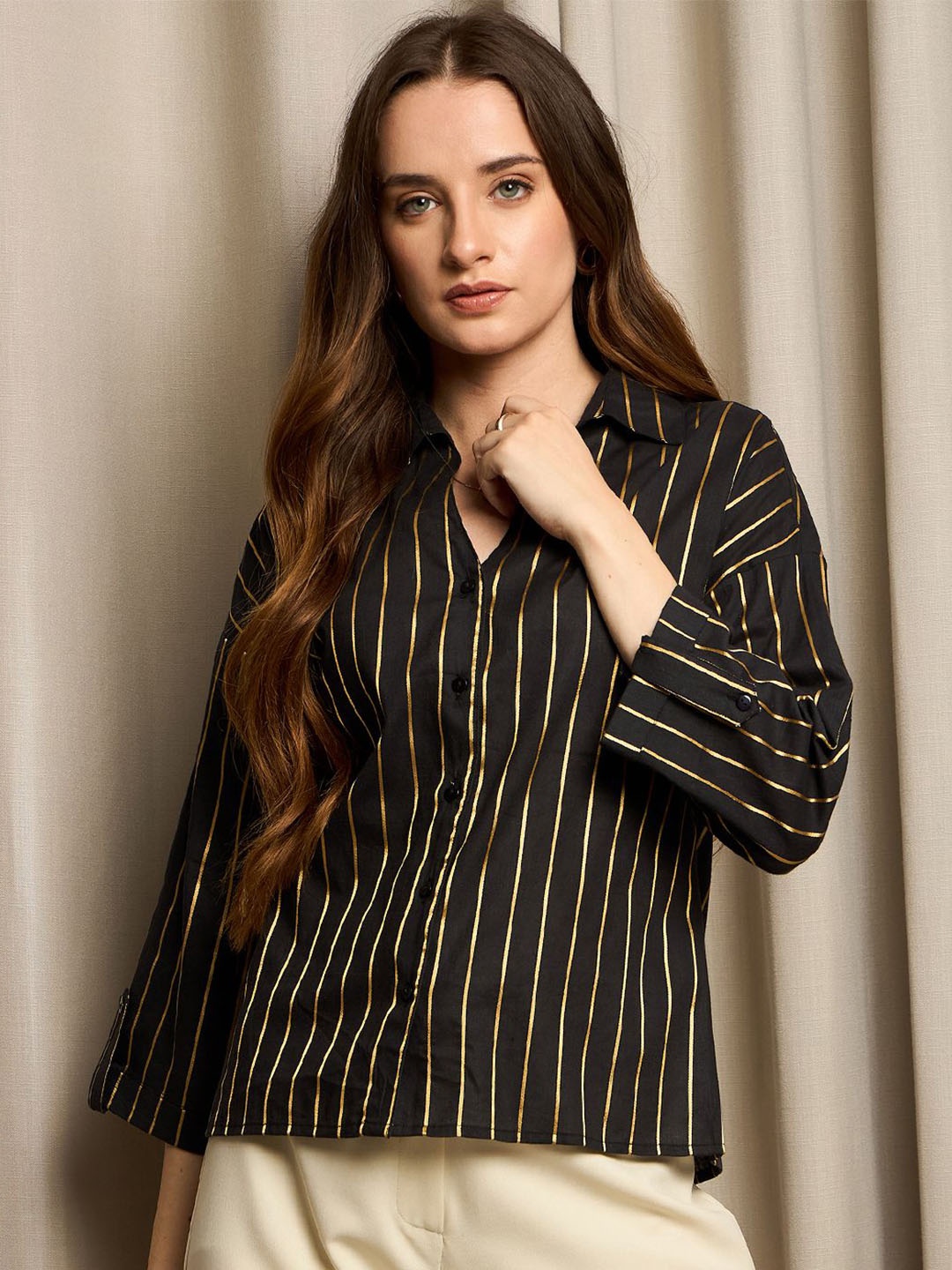 

RARE Women Cotton Opaque Striped Casual Shirt, Black