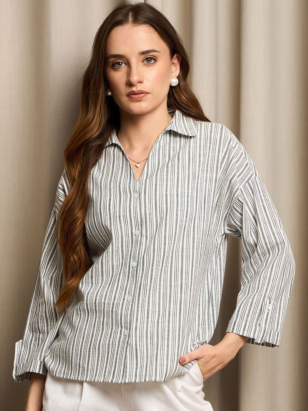 

RARE Women Opaque Striped Casual Shirt, White