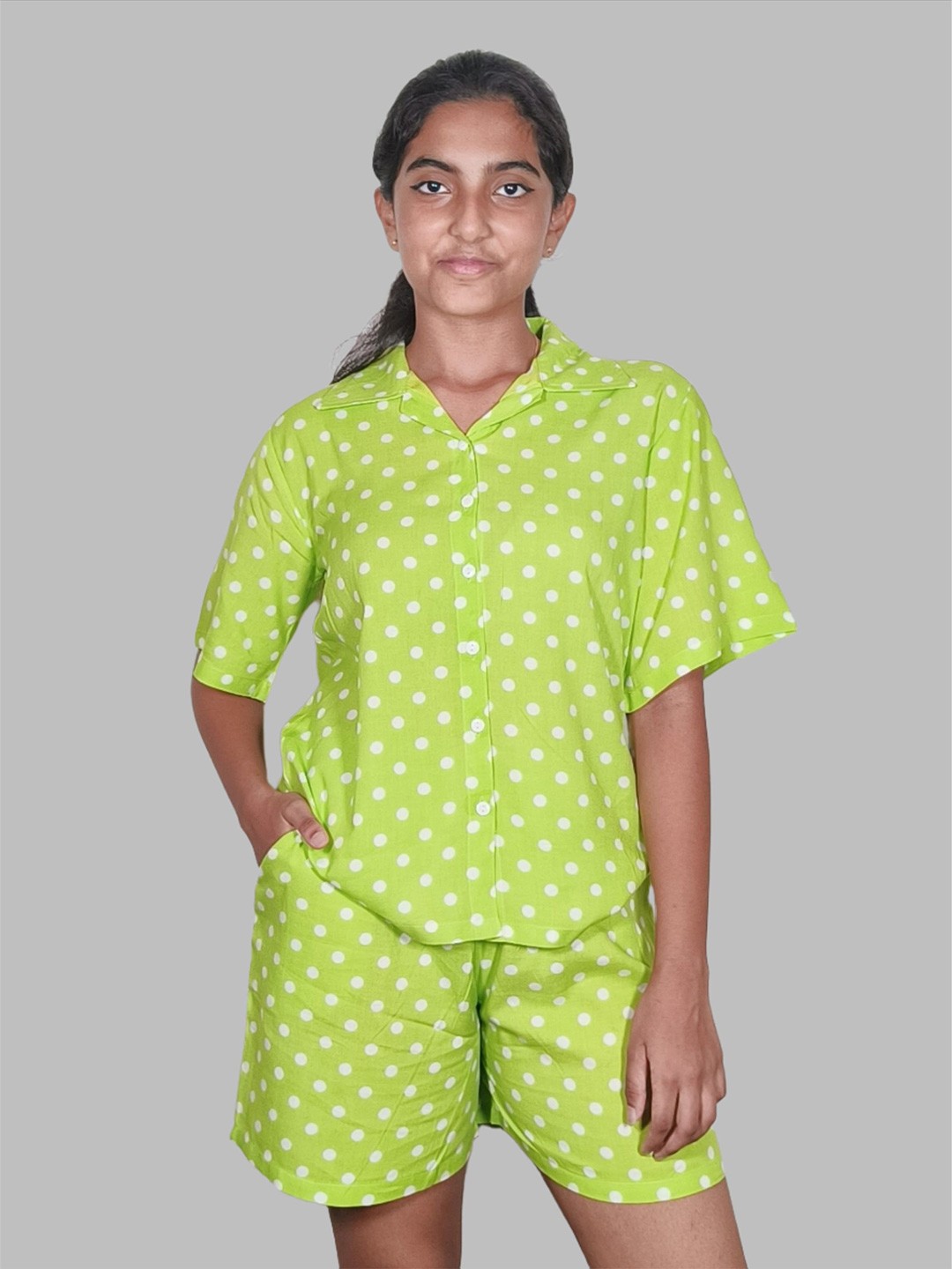 

TeenTrums Girls Polka Dots Printed Shirt with Shorts, Green