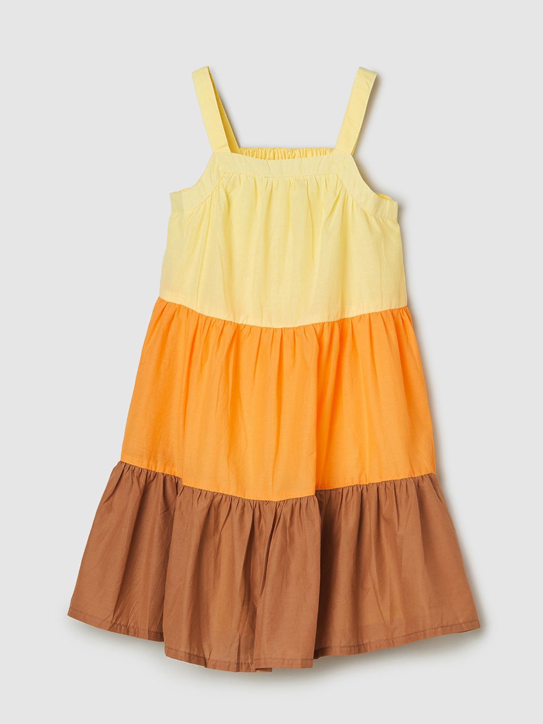 

max Girls Colourblocked Tiered Pure Cotton A-Line Dress, Yellow