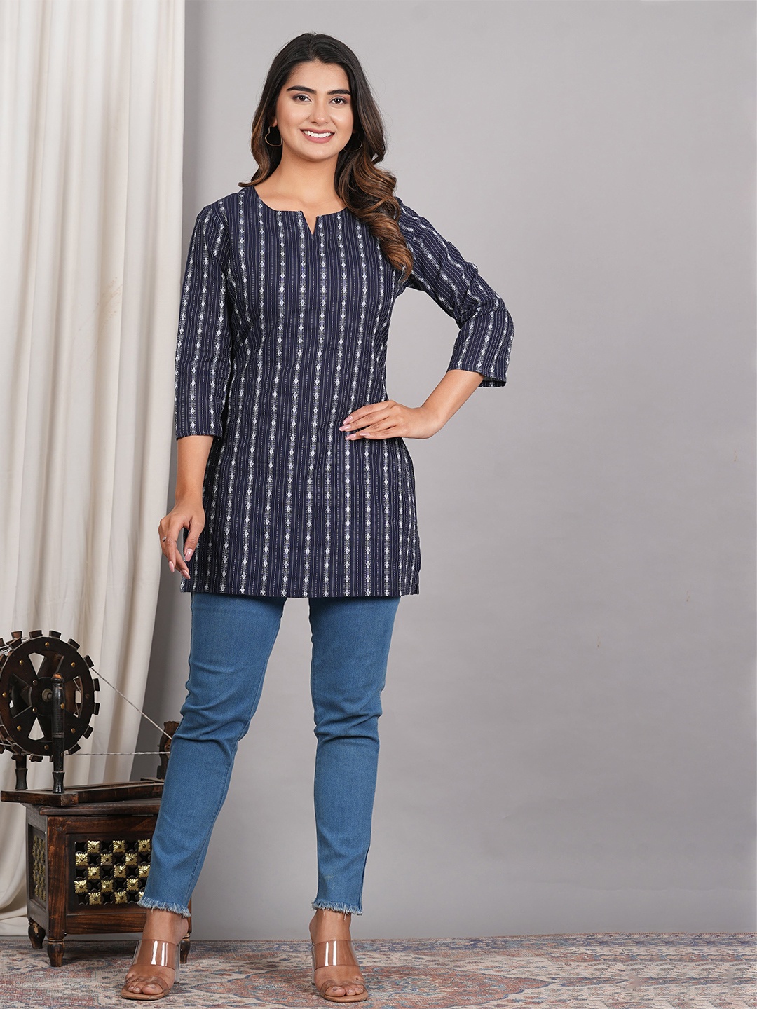 DHANOTA Geometric Print Cotton Top, Black