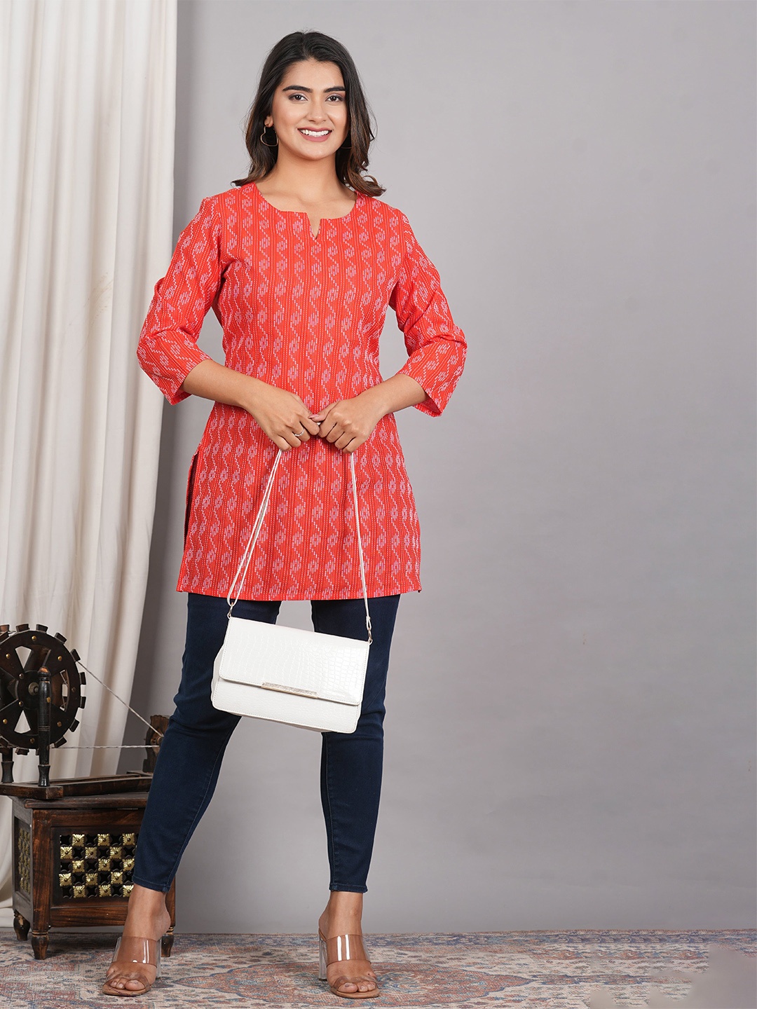 

DHANOTA Women Geometric Printed Pure Cotton Top, Orange