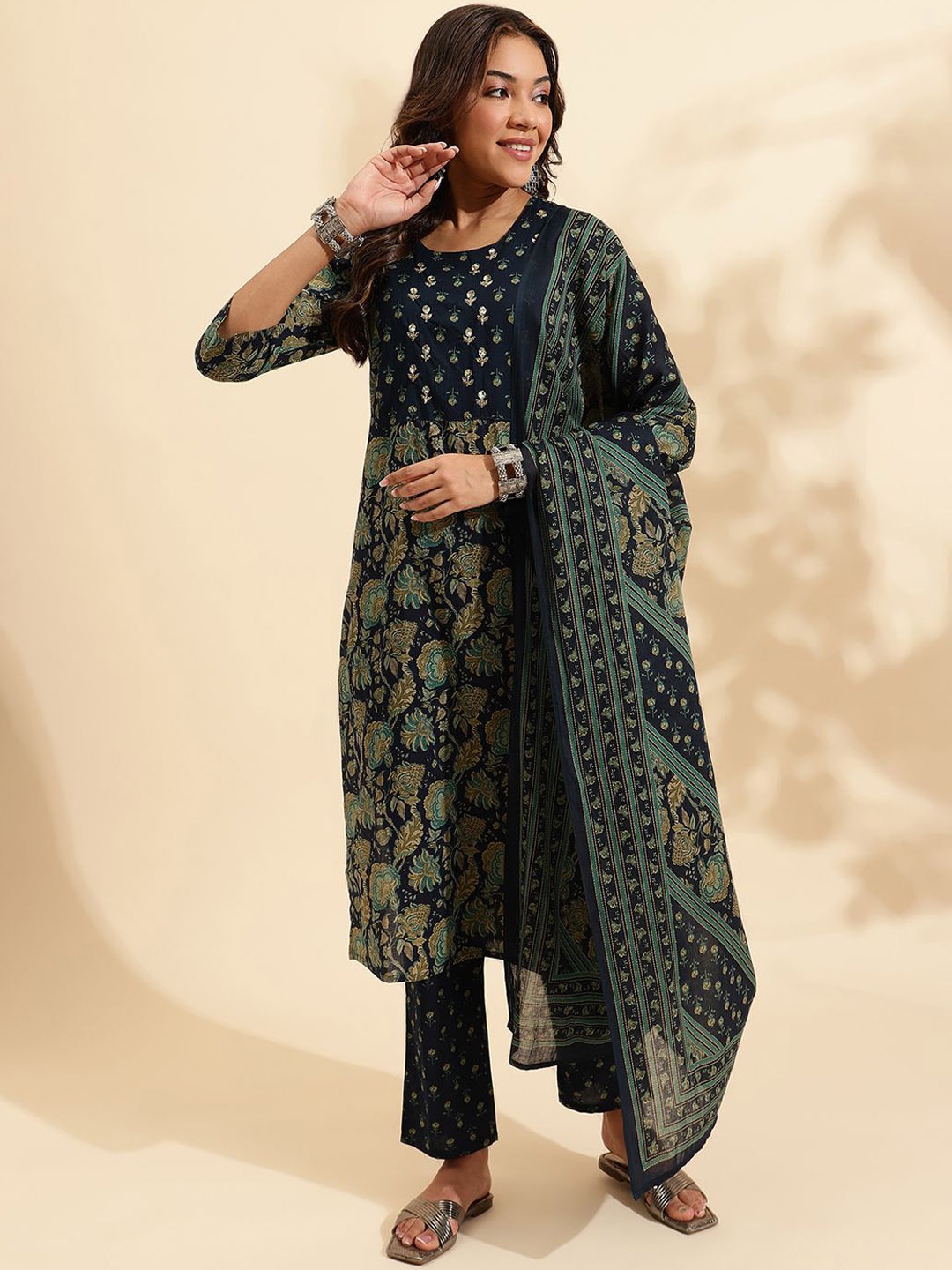 

KALINI Floral Printed Straight Sequinned Pure Cotton Kurta with Trousers & Dupatta, Navy blue