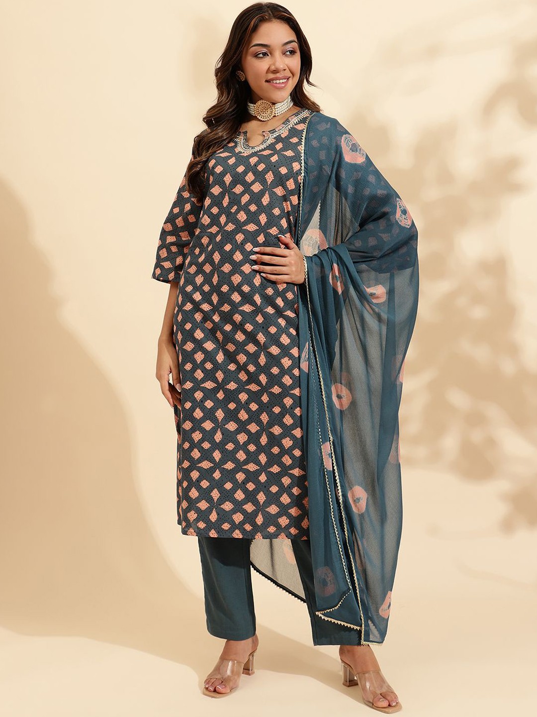 

KALINI Printed Regular Aari Work Pure Cotton Kurta with Trousers & Dupatta, Grey