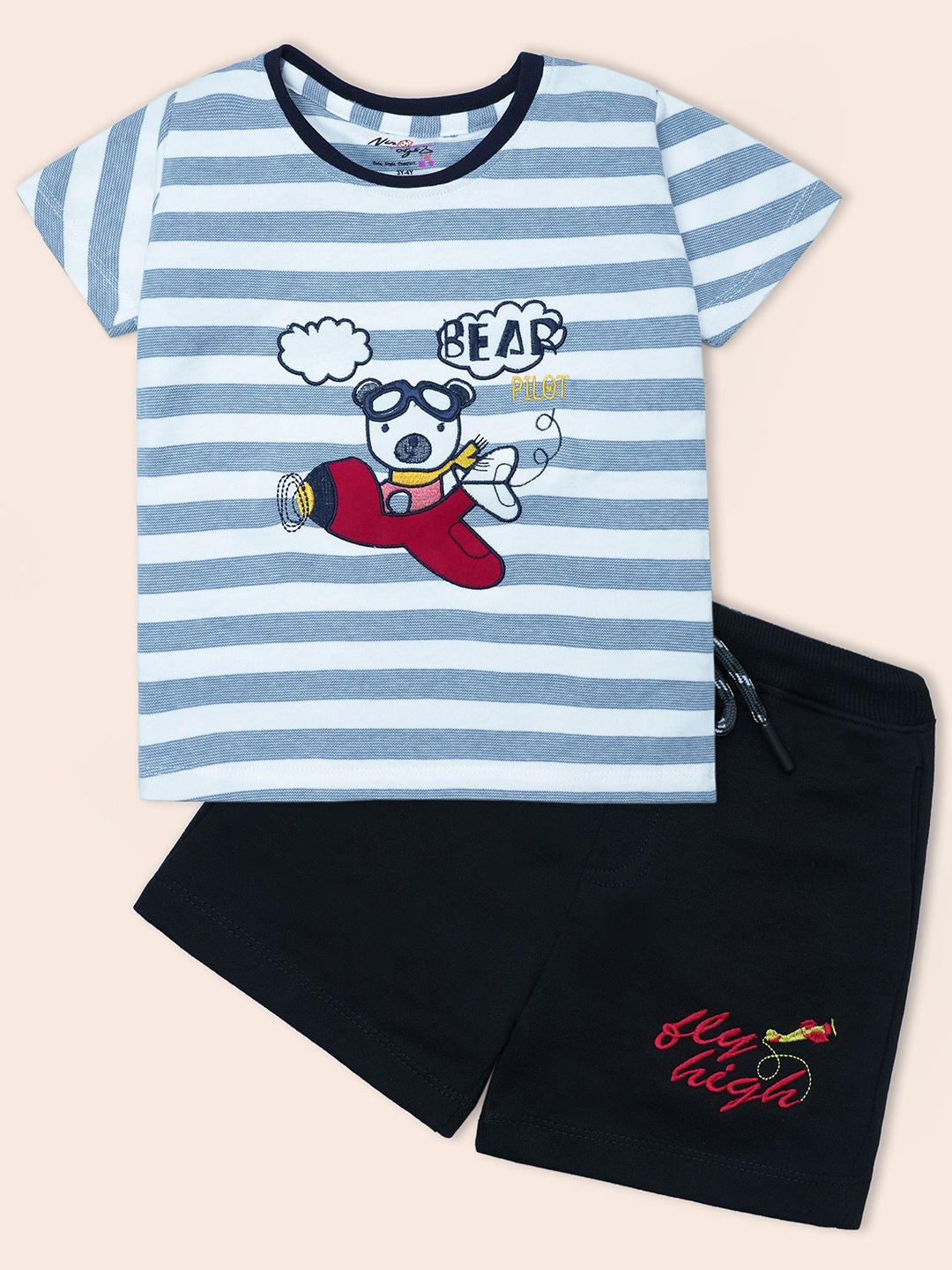 

Nino Togs Boys Striped Pure Cotton T-shirt With Shorts, Grey