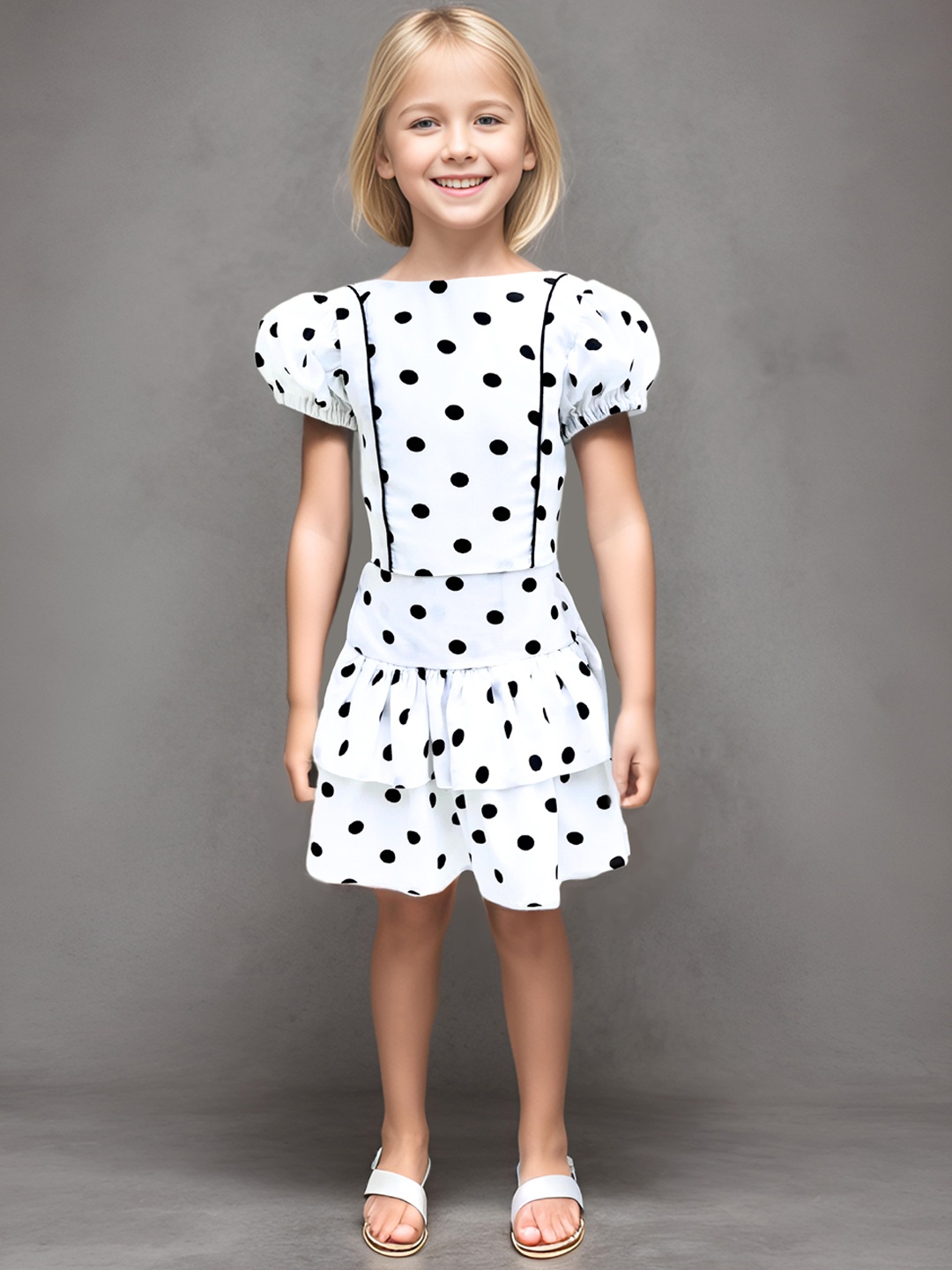 Safehugs Polka Dots Printed Pure Cotton Top with Skirt, White