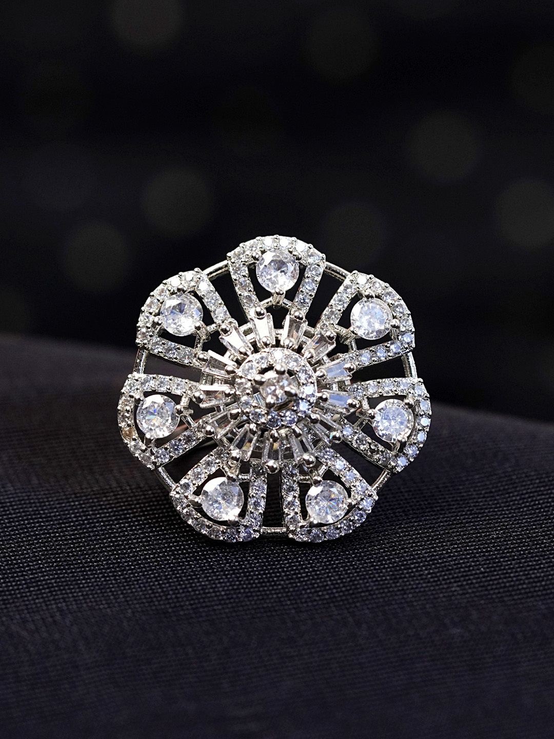 

Zoey Rhodium-Plated American Diamond-Studded Finger Ring, Silver