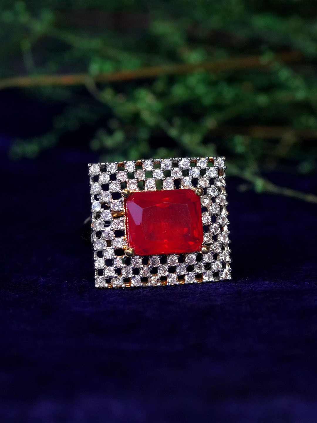 

Zoey Gold Plated American Diamond Studded Finger Ring, Red