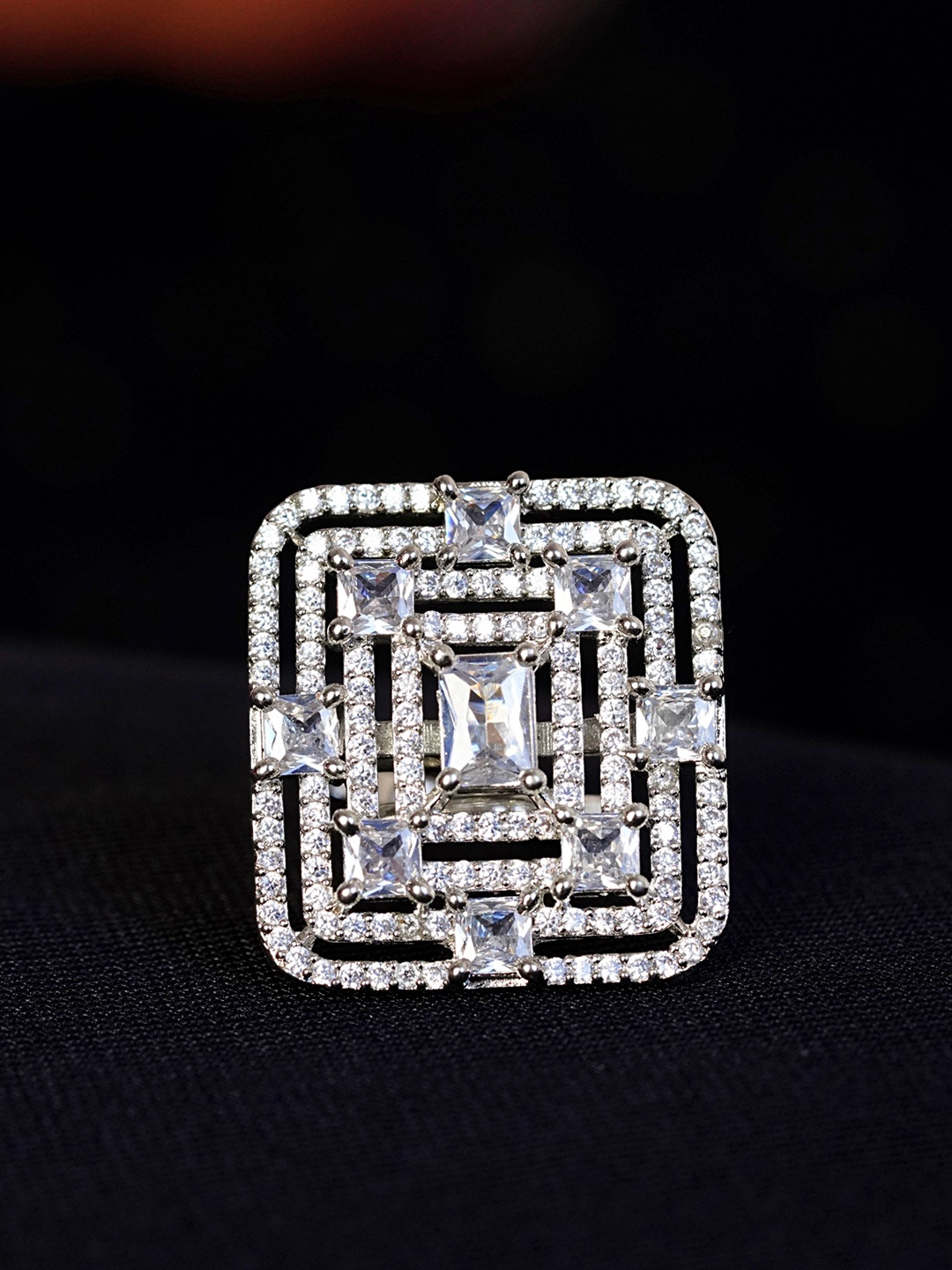 

Zoey Rhodium-Plated American Diamond-Studded Finger Ring, Silver
