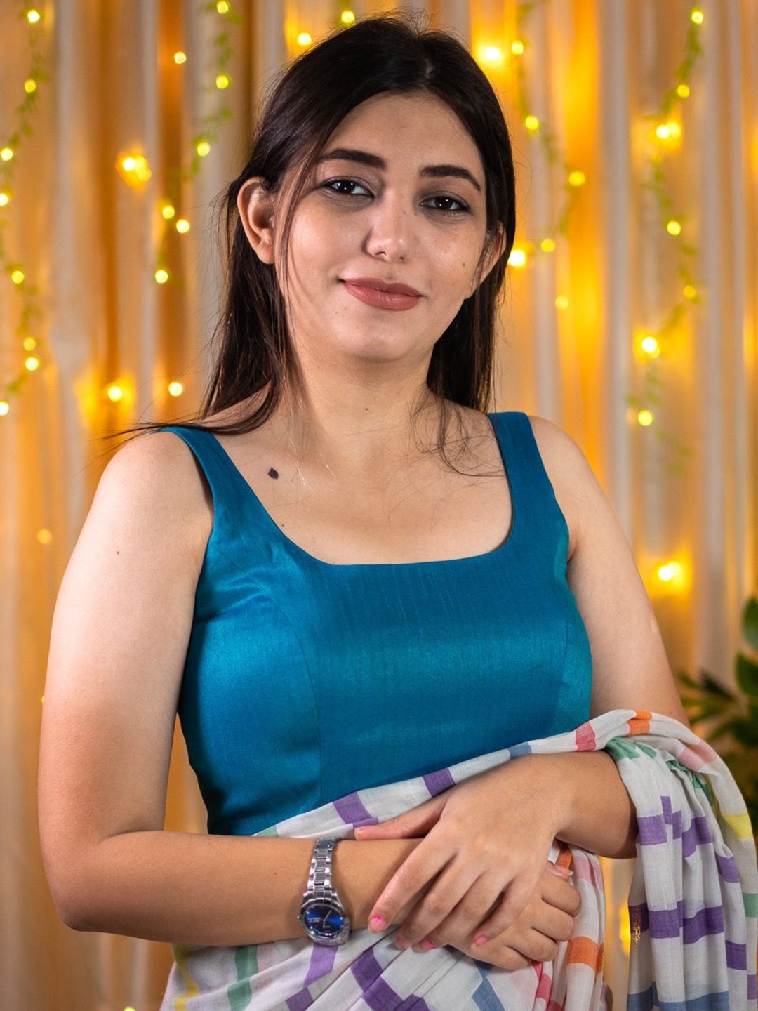 

I LOVE SAREES U-Neck Sleeveless Padded Saree Blouse, Blue