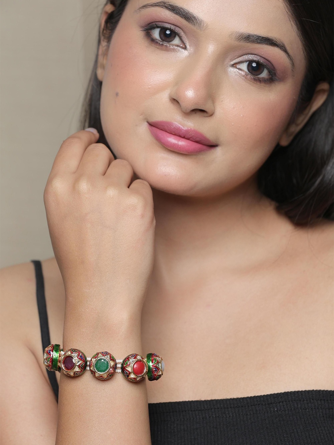 

STYLE DECO Gold-Plated Kundan Studded Meenakari Wraparound Bracelet