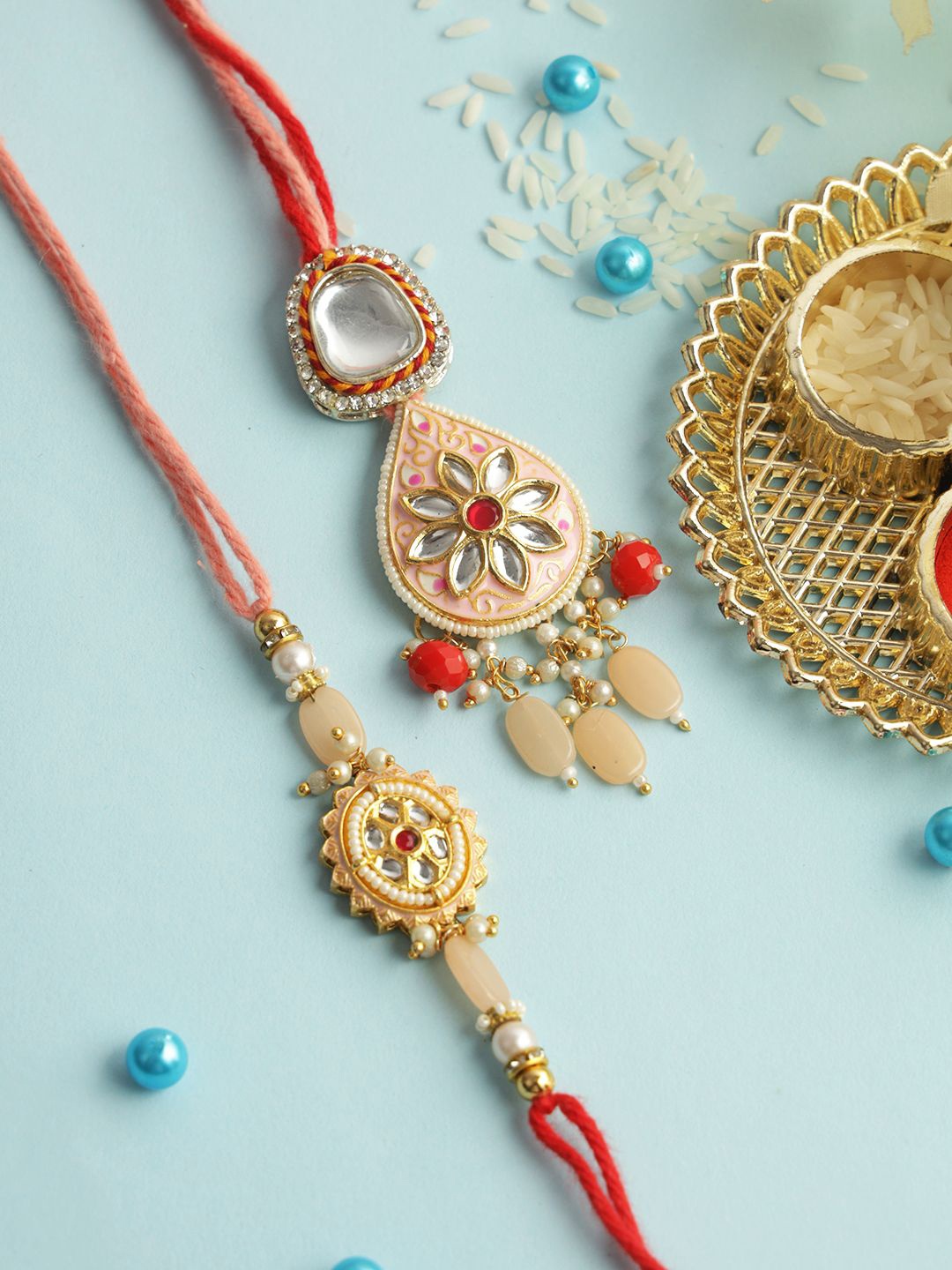 

Aapno Rajasthan Floral Kundan-Beaded Bhaiya Bhabhi Rakhi with Box, Gold