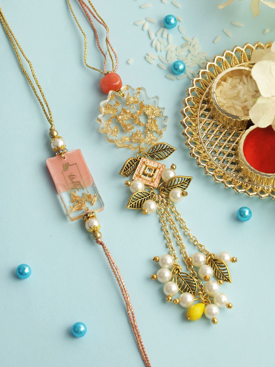 

Aapno Rajasthan Stone Studded & Beaded Bhaiya Bhabhi Thread Rakhis with Roli Chawal, Gold