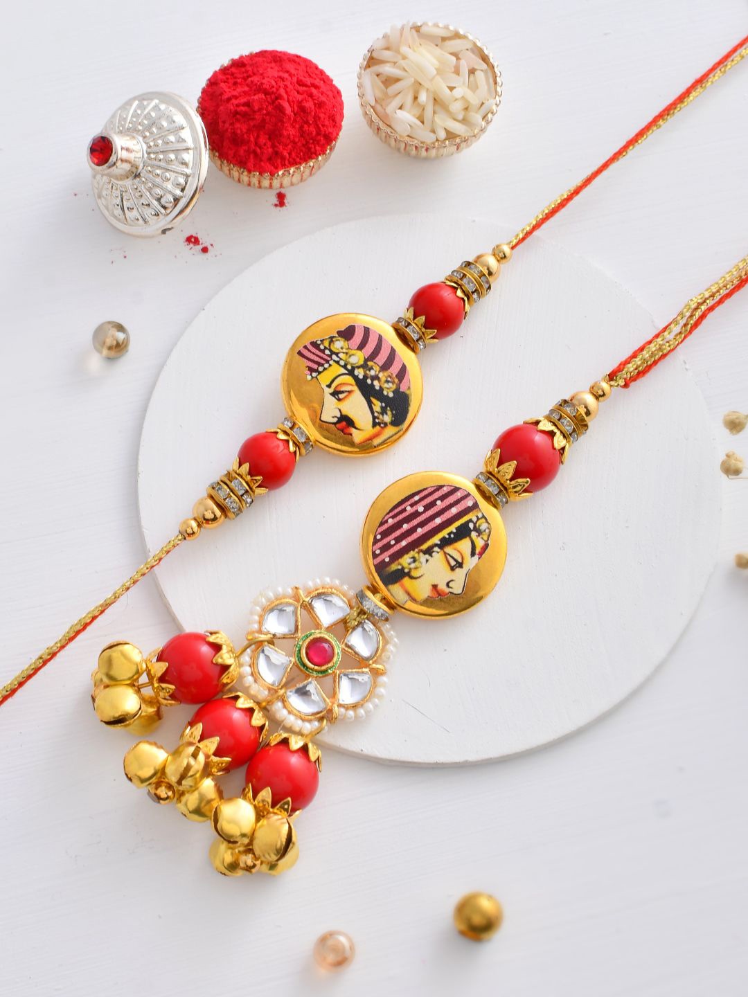 

Aapno Rajasthan Kundan-Beaded Bhaiya Bhabhi Rakhi Set with Box, Red