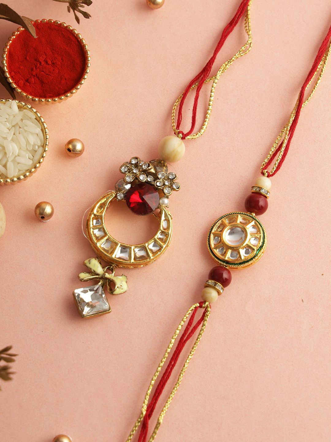 

Aapno Rajasthan Kundan-Beaded Bhaiya Bhabhi Rakhi with Box, Gold