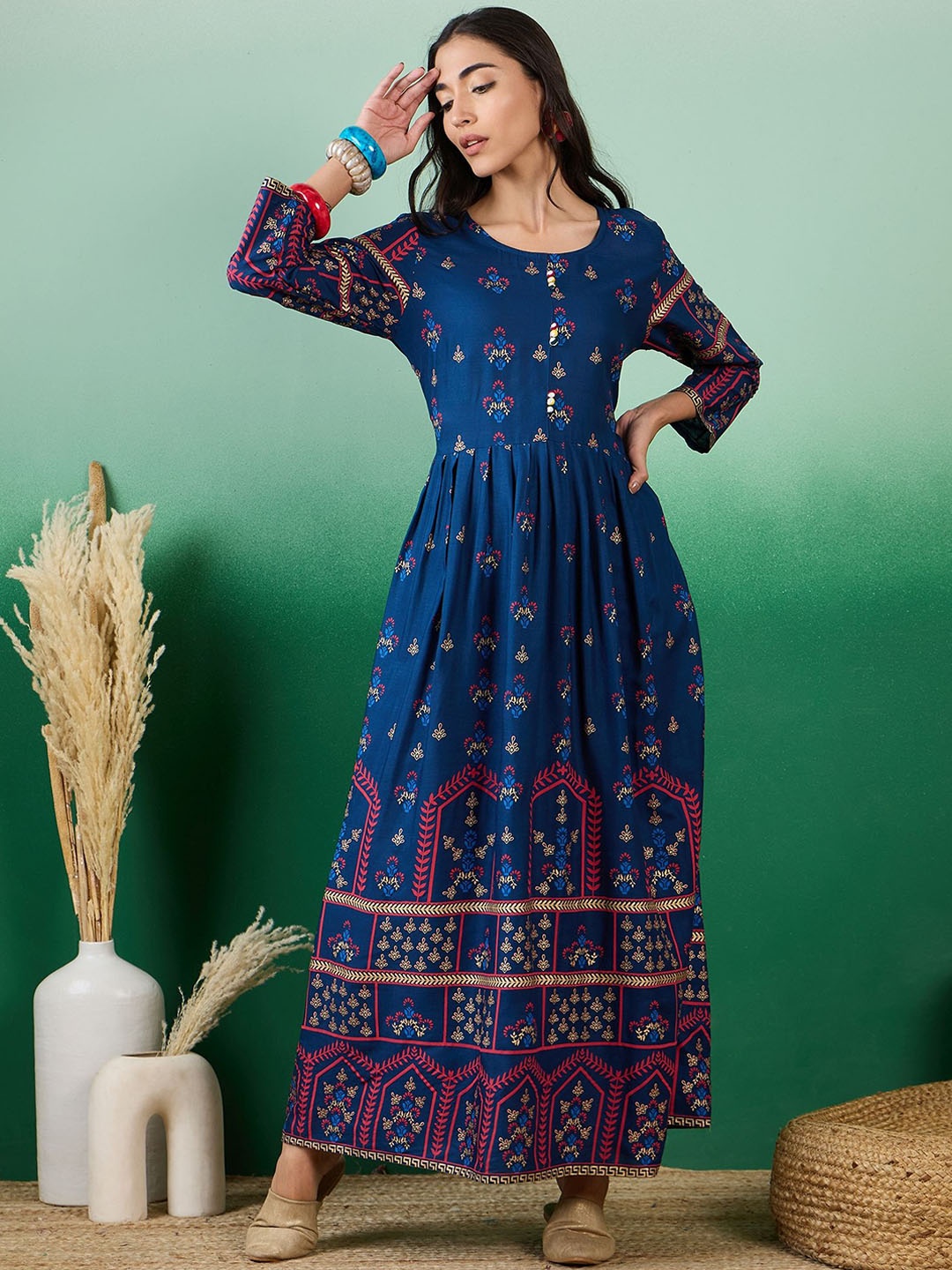 

Sangria Printed Fit & Flare Ethnic Dress, Blue