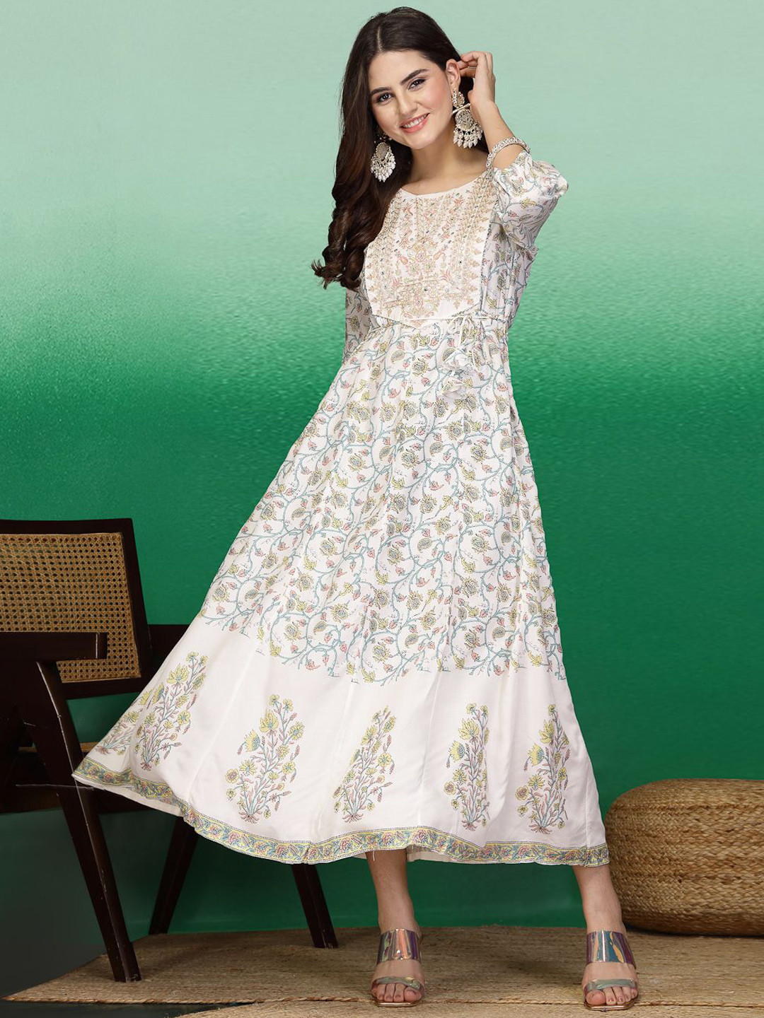 

Sangria Printed & Embroidered Fit & Flare Midi Ethnic Dress, White