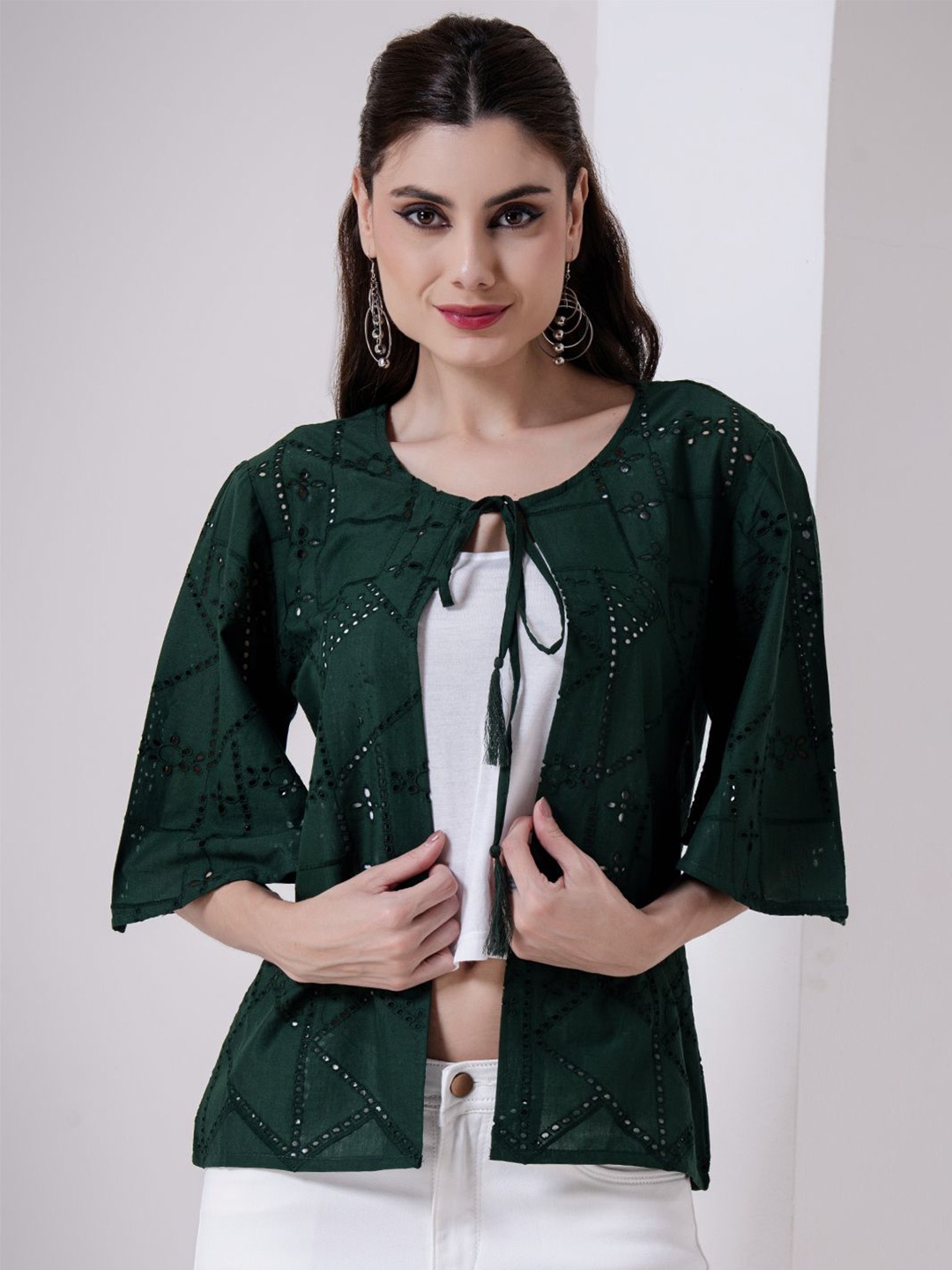 

urSense Embroidered Mirror Work Tie-Up Neck Cotton Shrug, Green