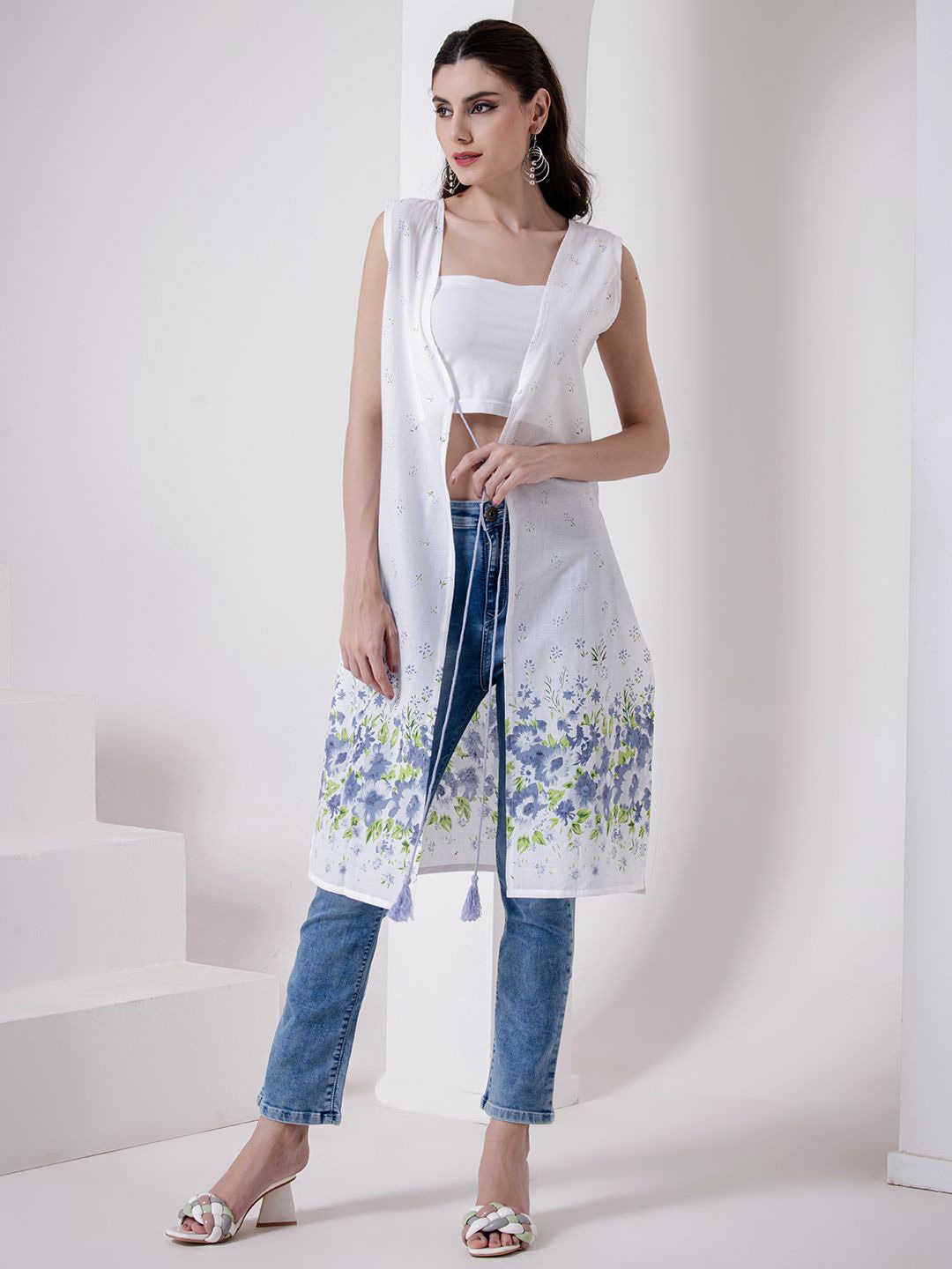 

urSense Floral Printed Longline Cotton Tie-Up Shrug, White