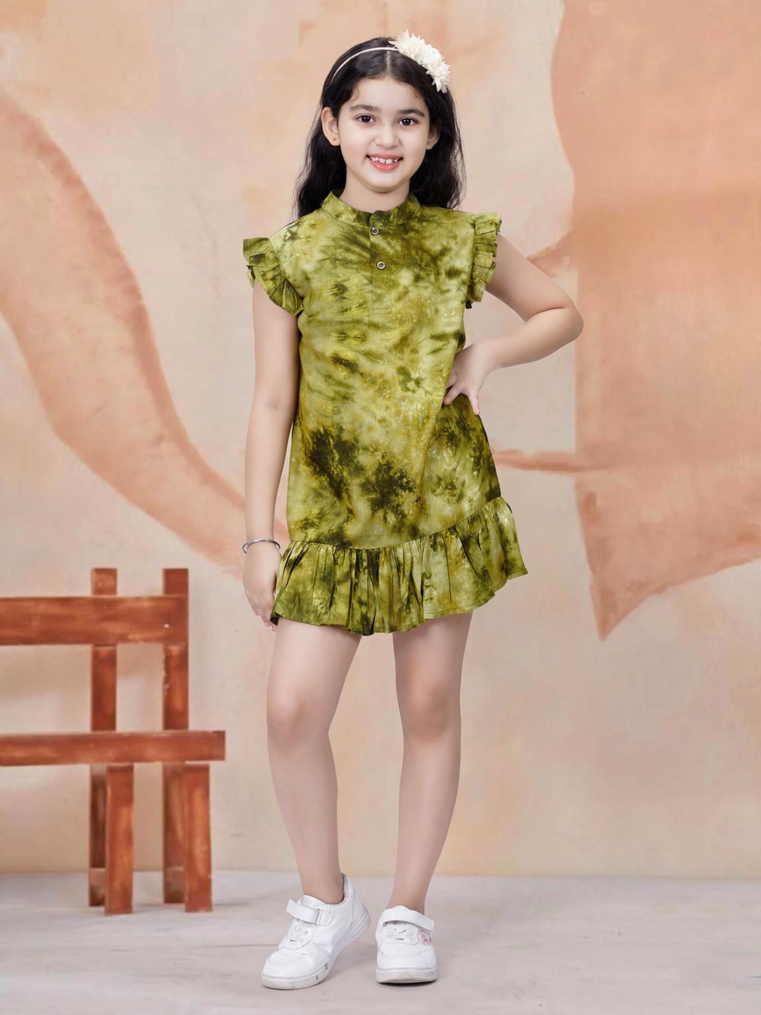 

BAESD Girls Tie and Dye Print Flutter Sleeves Drop-Waist Dress, Olive