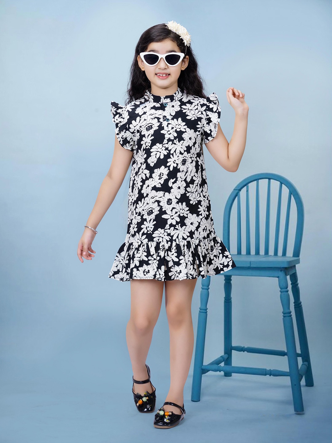 

BAESD Girls Floral Print Flutter Sleeve Drop-Waist Mini Dress, Black