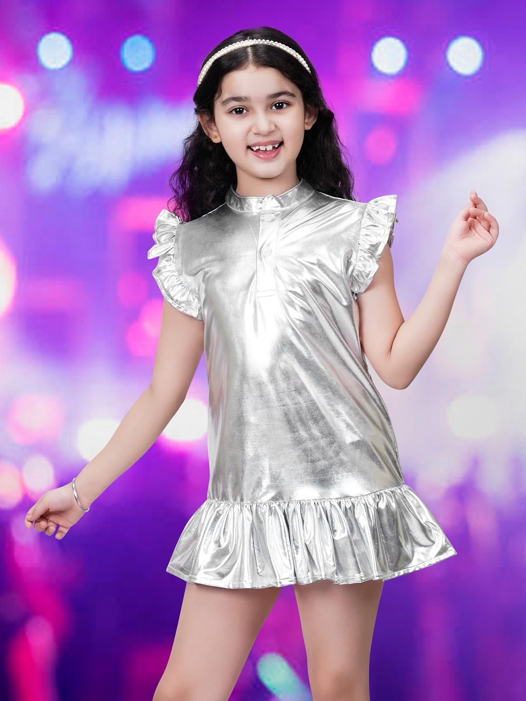 

BAESD Girls PU Coated Solid Flutter sleeve Drop-Waist Dress, Silver