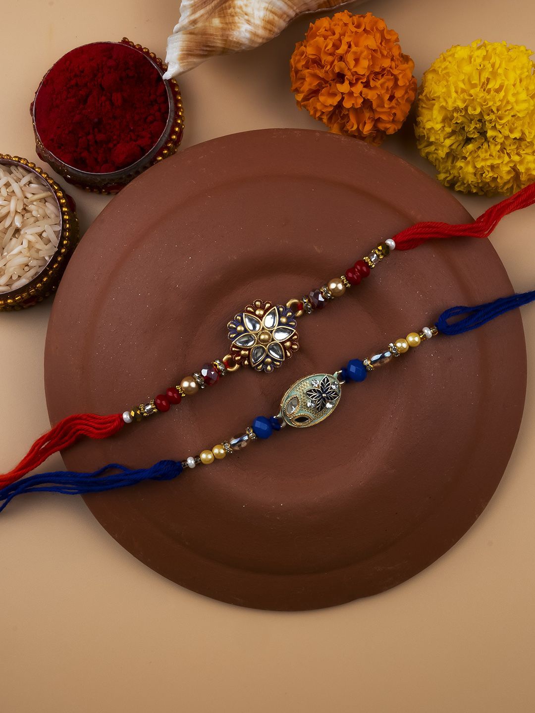 

StileAdda Set of 2 Bhai Bhabhi Beaded Thread Rakhis With Roli Chawal, Red