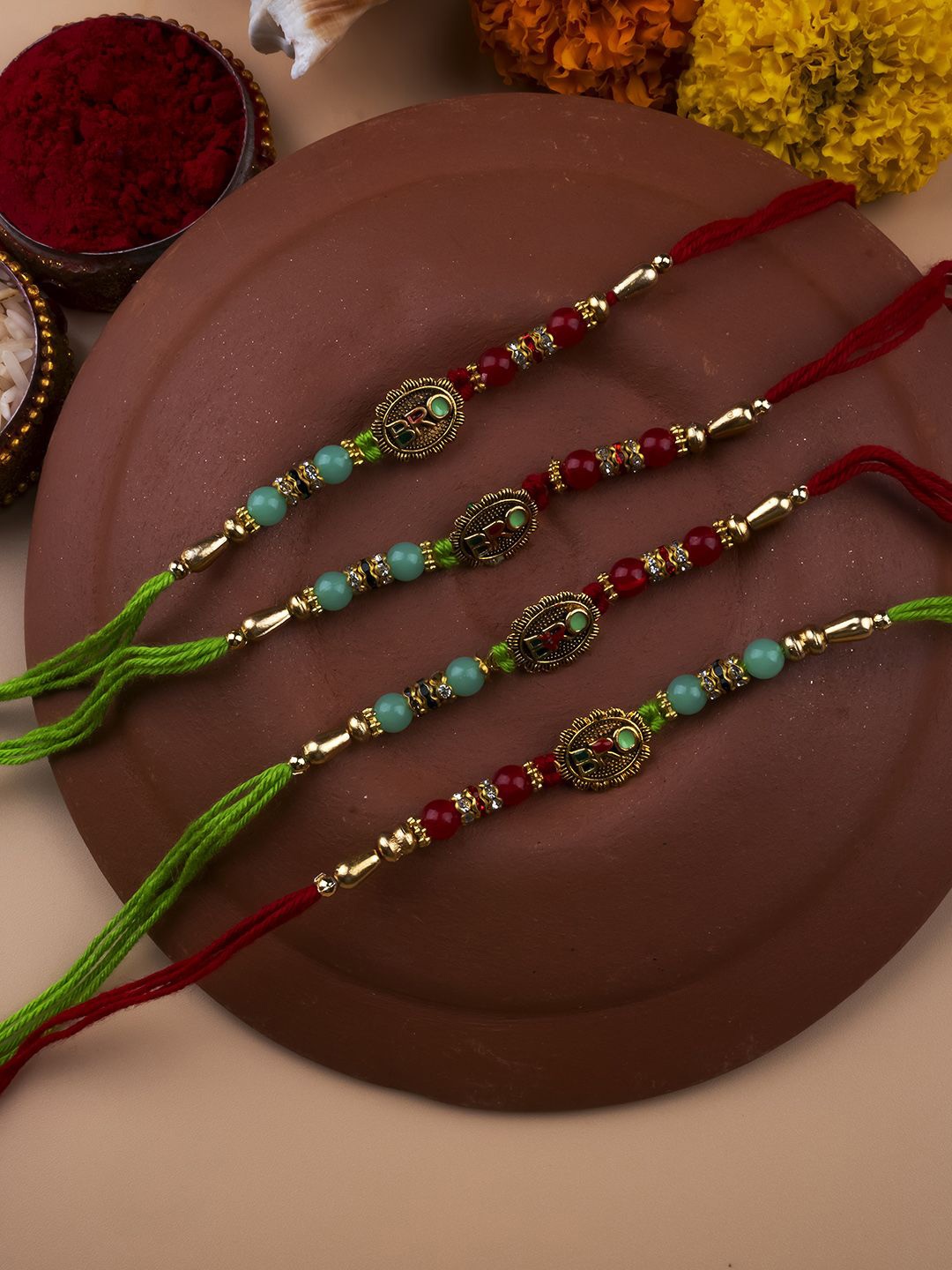 

StileAdda Set of 4 Bhai Bhabhi Beaded Thread Rakhis With Roli Chawal, Green