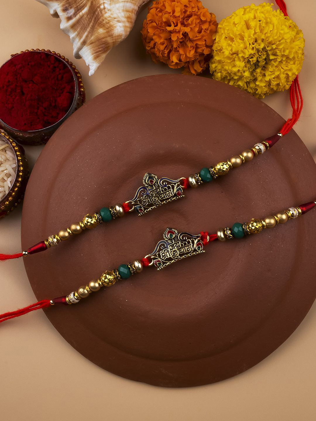 

StileAdda Set of 2 Bhai Bhabhi Beaded Thread Rakhis With Roli Chawal, Red