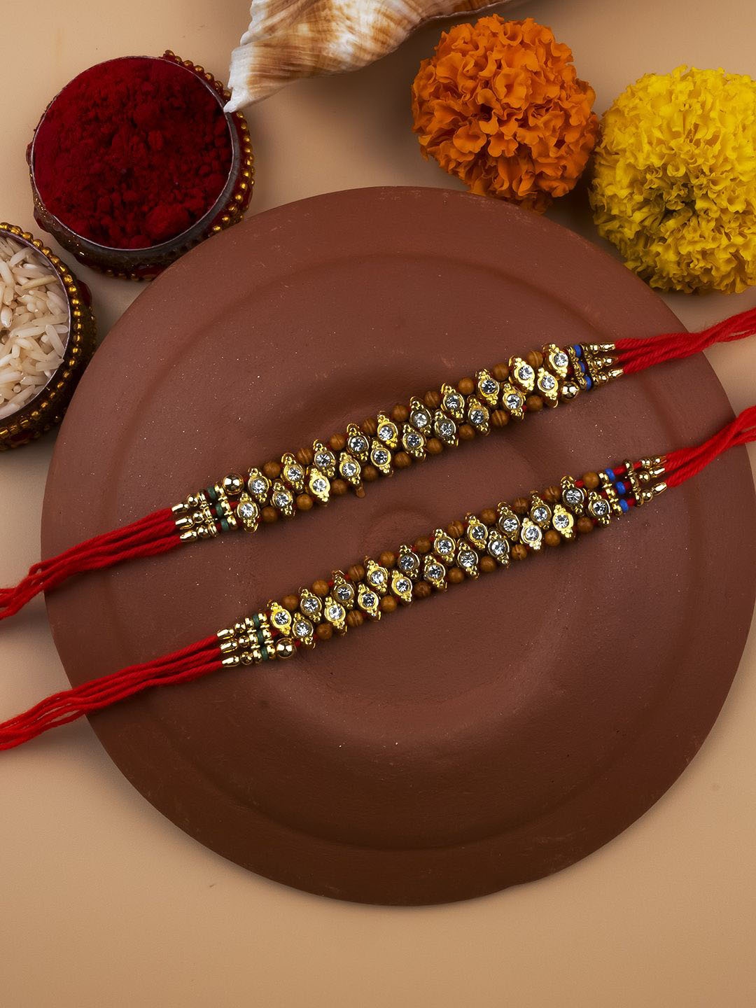 

StileAdda Set of 2 Bhai Bhabhi Beaded Thread Rakhis With Roli Chawal, Red