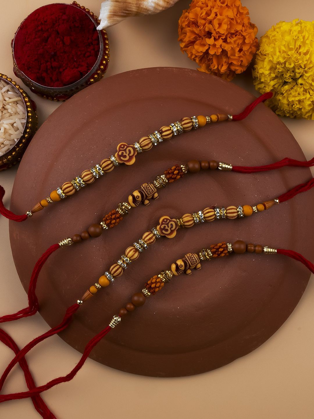 

StileAdda Set of 4 Bhai Bhabhi Beaded Thread Rakhis With Roli Chawal, Red