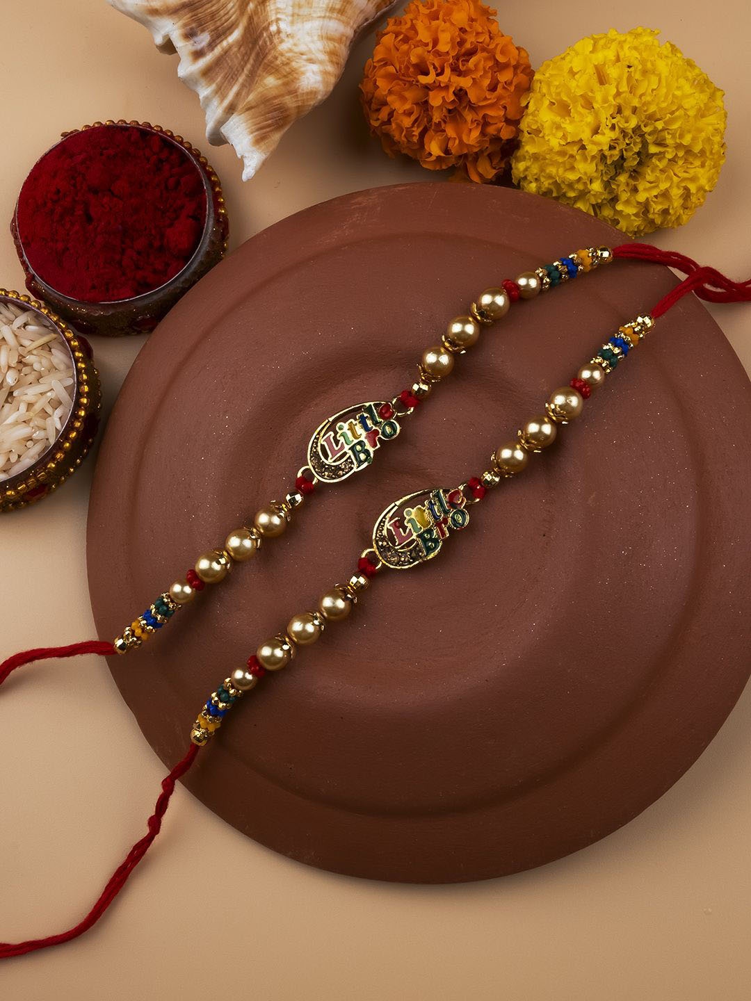

StileAdda Set of 2 Bhai Bhabhi Beaded Thread Rakhis With Roli Chawal, Gold