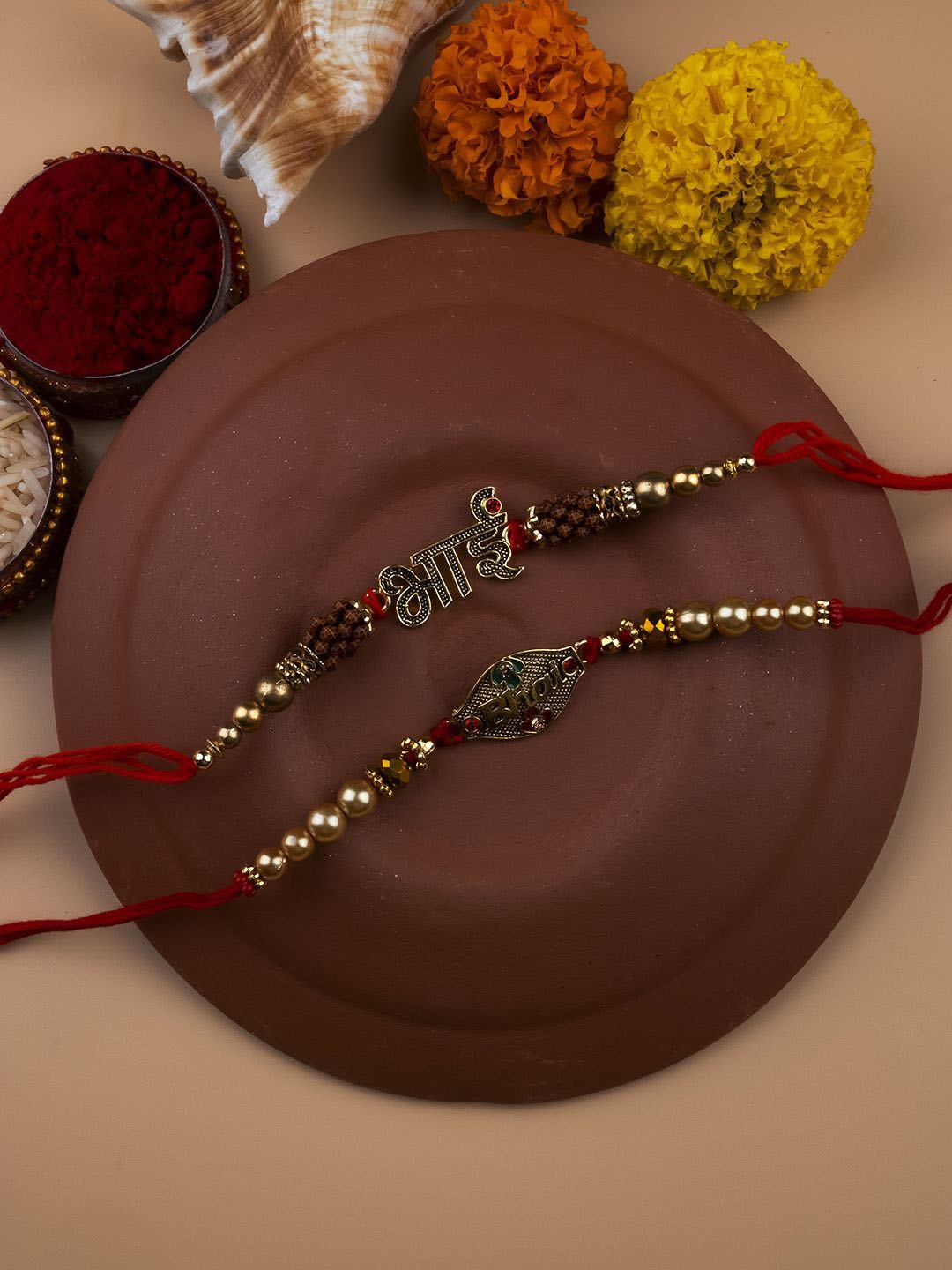 

StileAdda Set of 2 Veera Di Beaded Thread Rakhis With Roli Chawal, Red